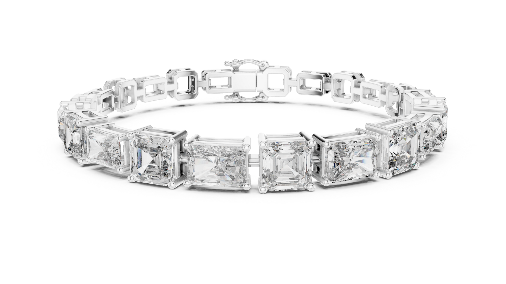 Diamond bracelet with rectangular-cut stones on a white background
