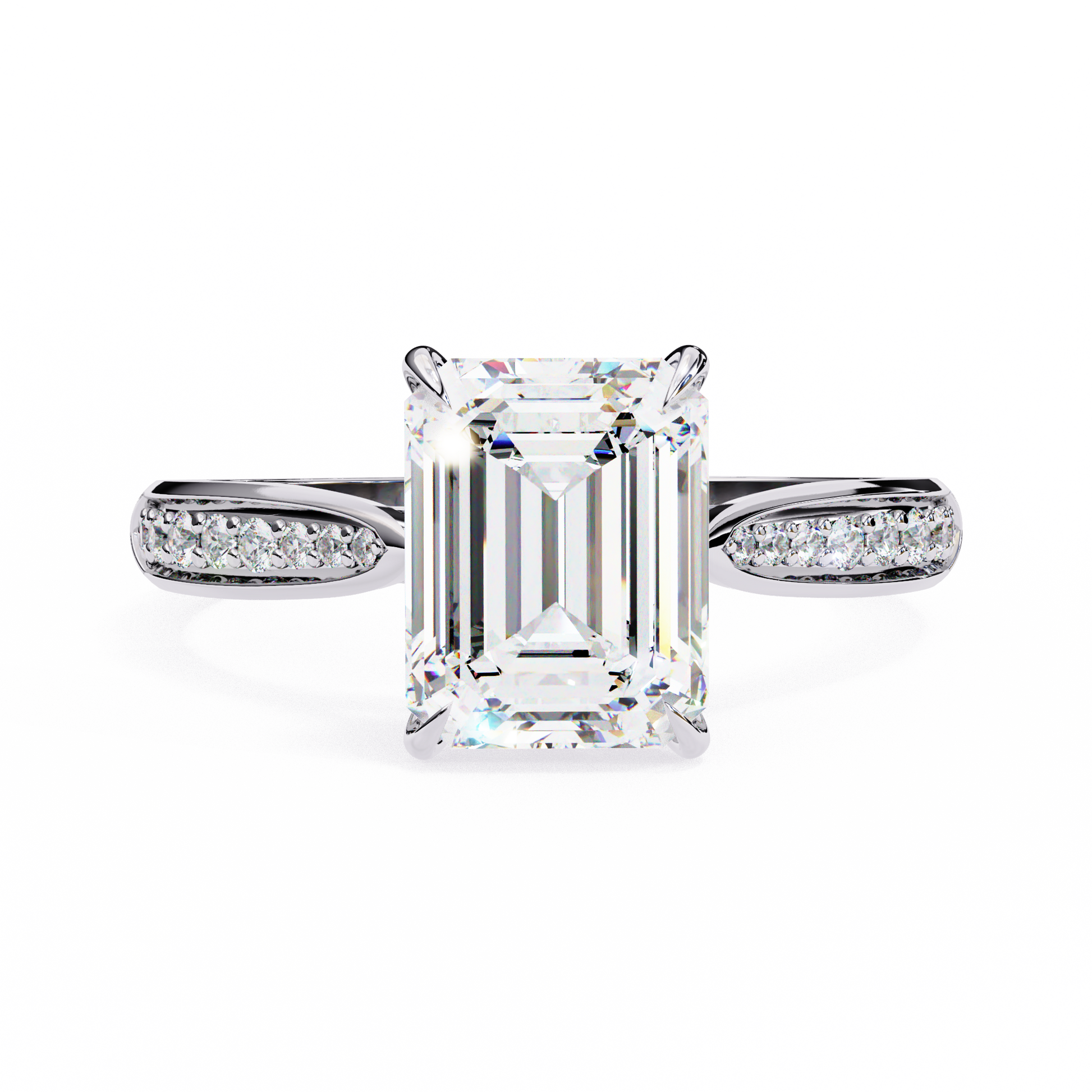 ring features a magnificent Emerald-cut diamond held in a refined prong setting