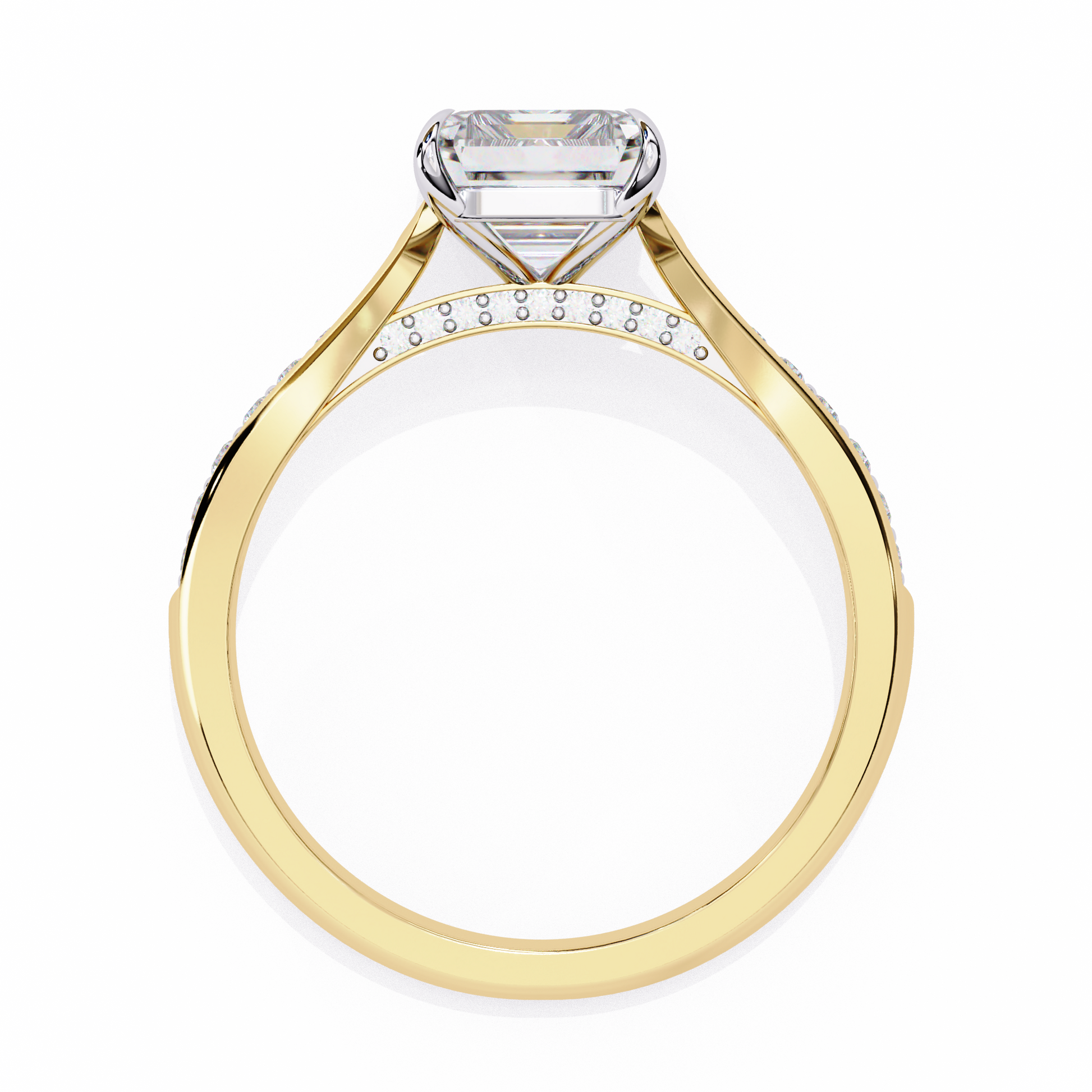 ring features a magnificent Emerald-cut diamond held in a refined prong setting