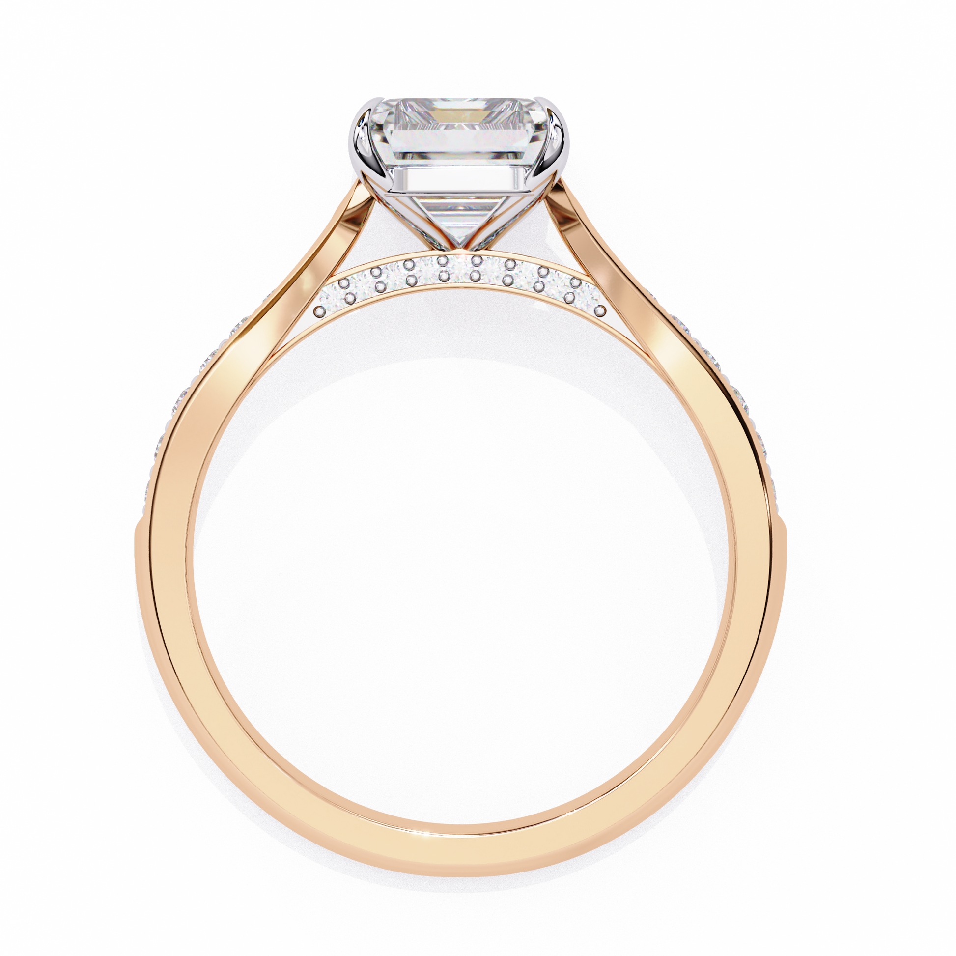 ring features a magnificent Emerald-cut diamond held in a refined prong setting