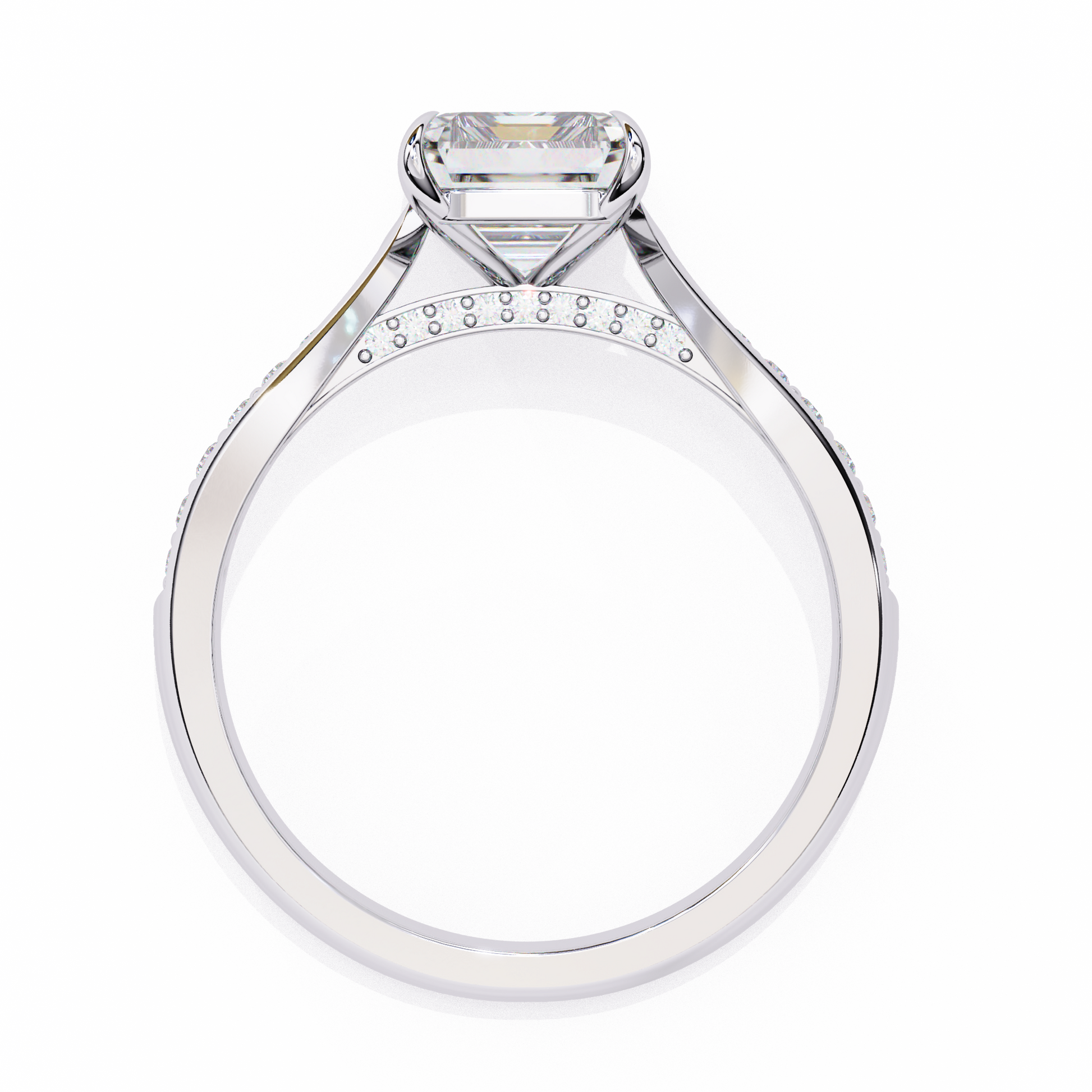 ring features a magnificent Emerald-cut diamond held in a refined prong setting