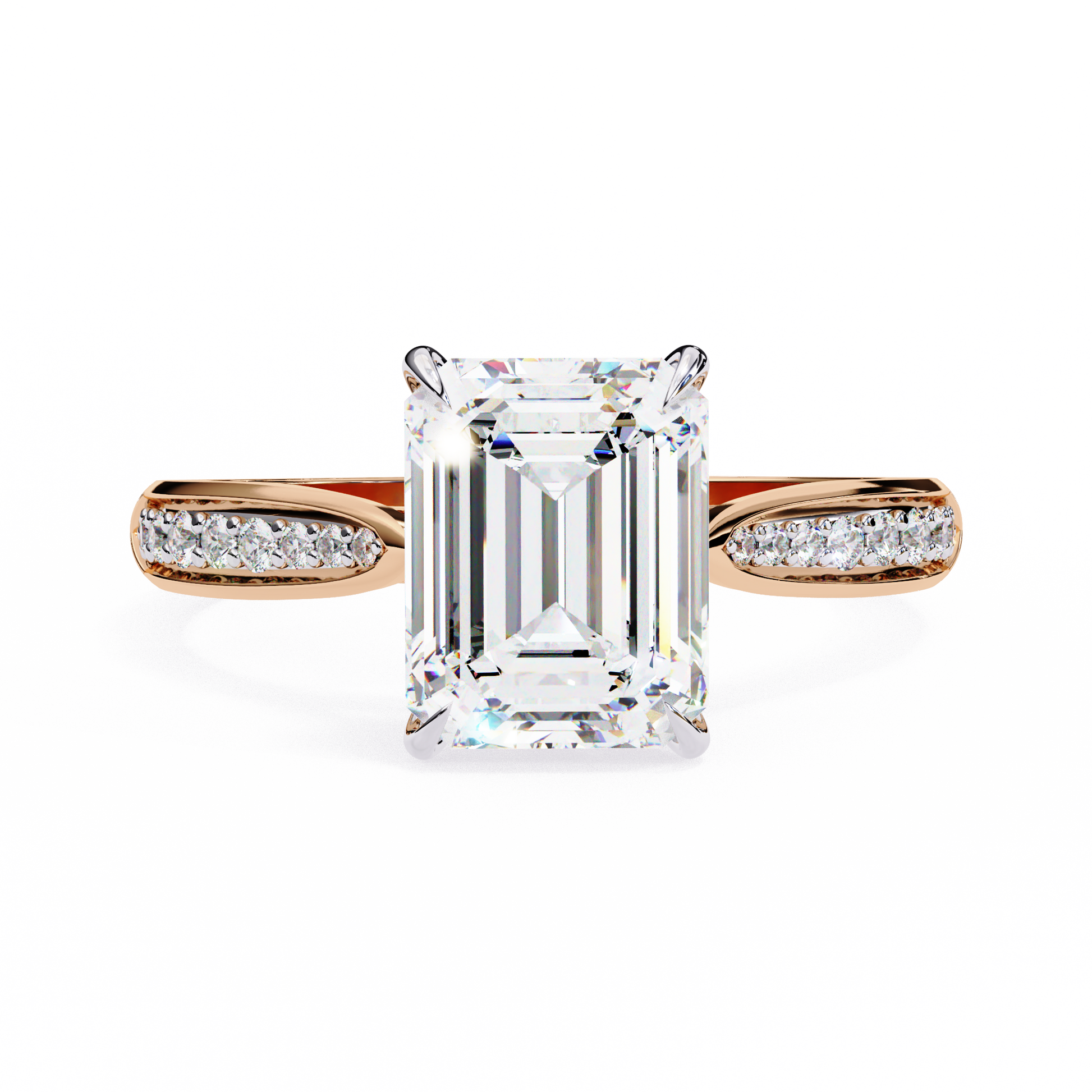ring features a magnificent Emerald-cut diamond held in a refined prong setting