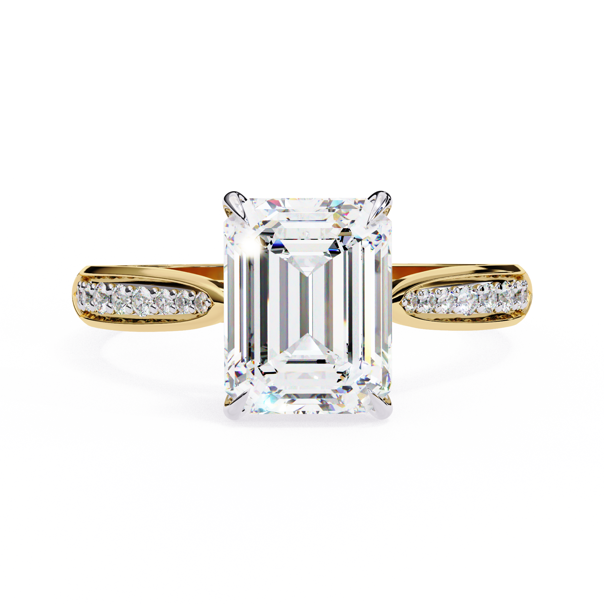 ring features a magnificent Emerald-cut diamond held in a refined prong setting