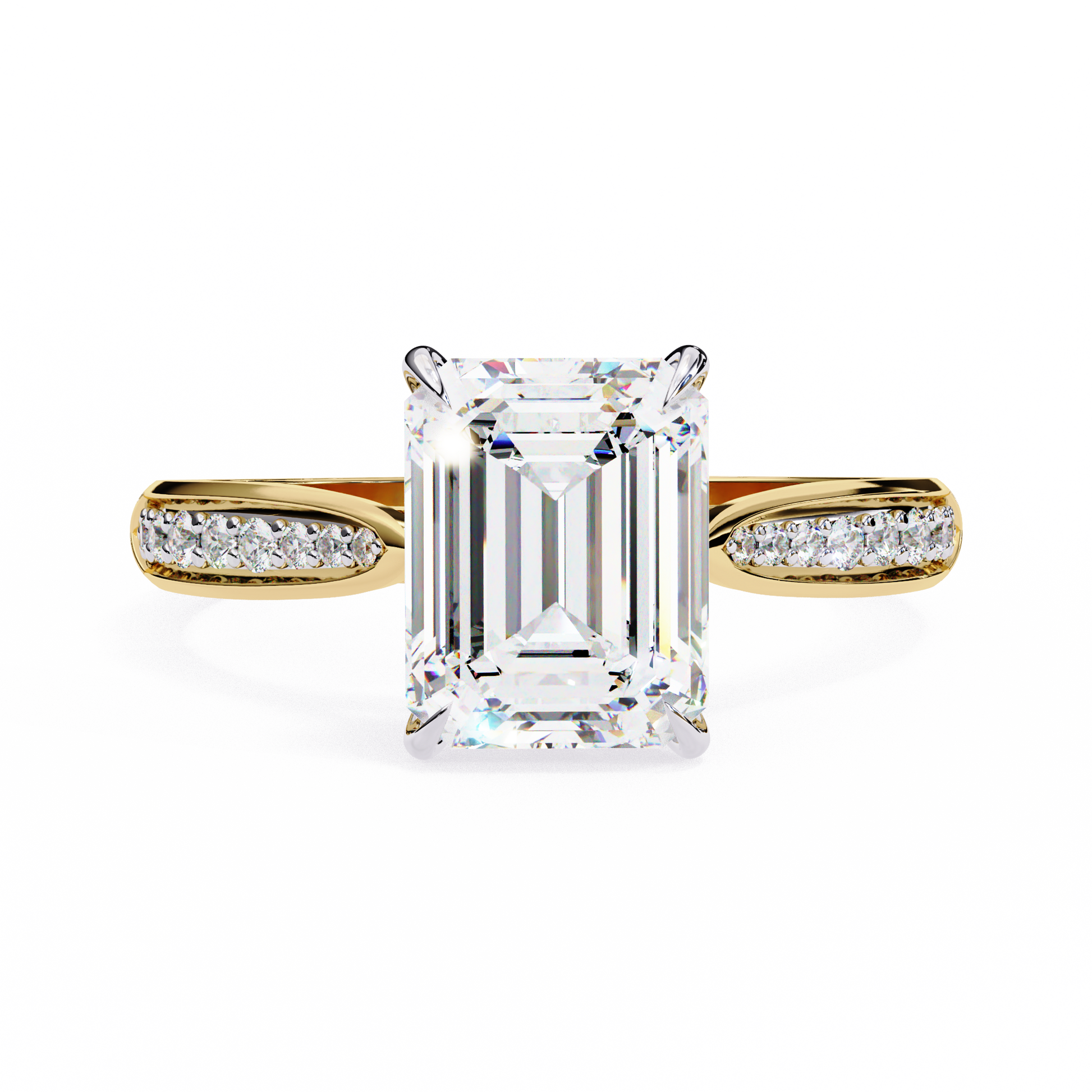 ring features a magnificent Emerald-cut diamond held in a refined prong setting