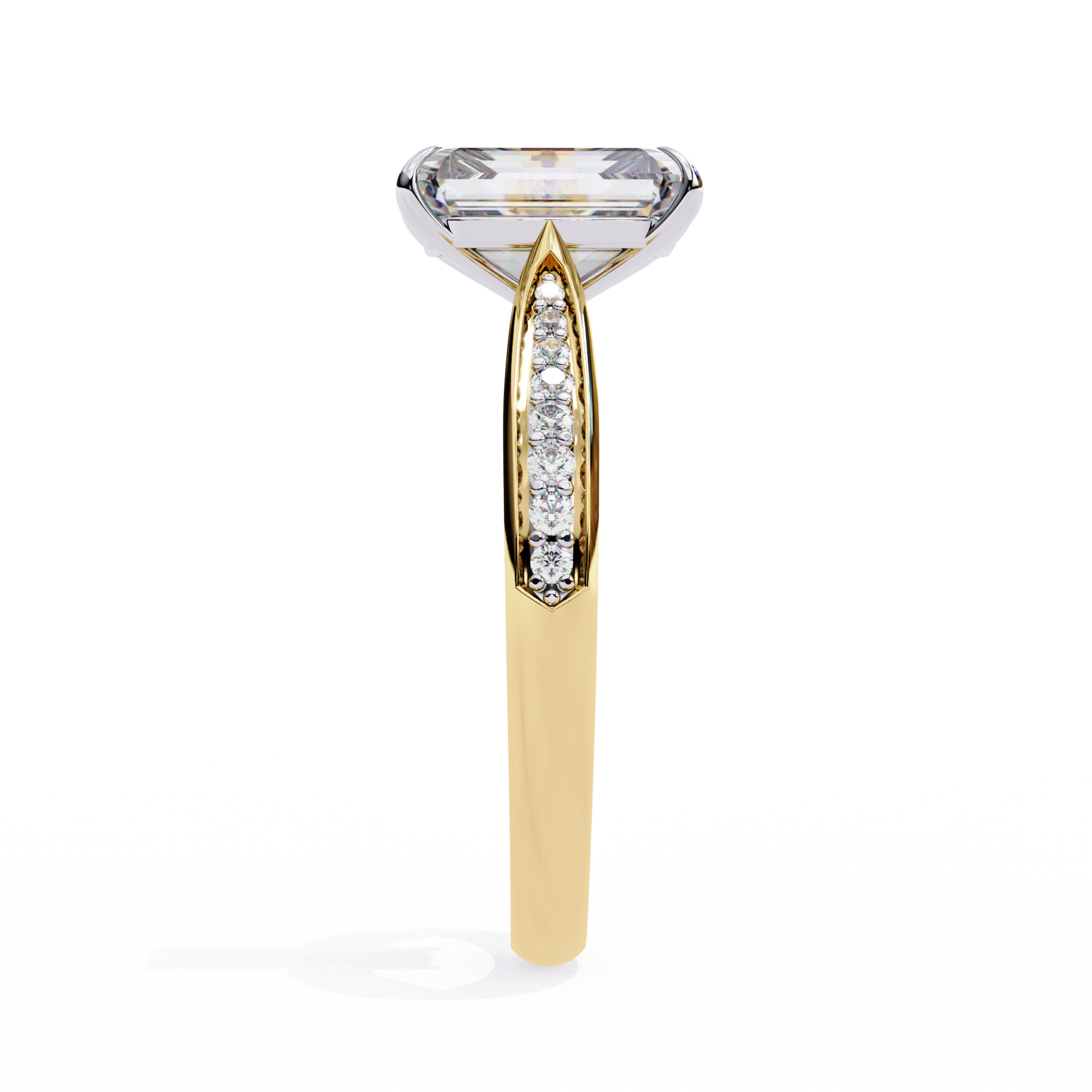 ring features a magnificent Emerald-cut diamond held in a refined prong setting