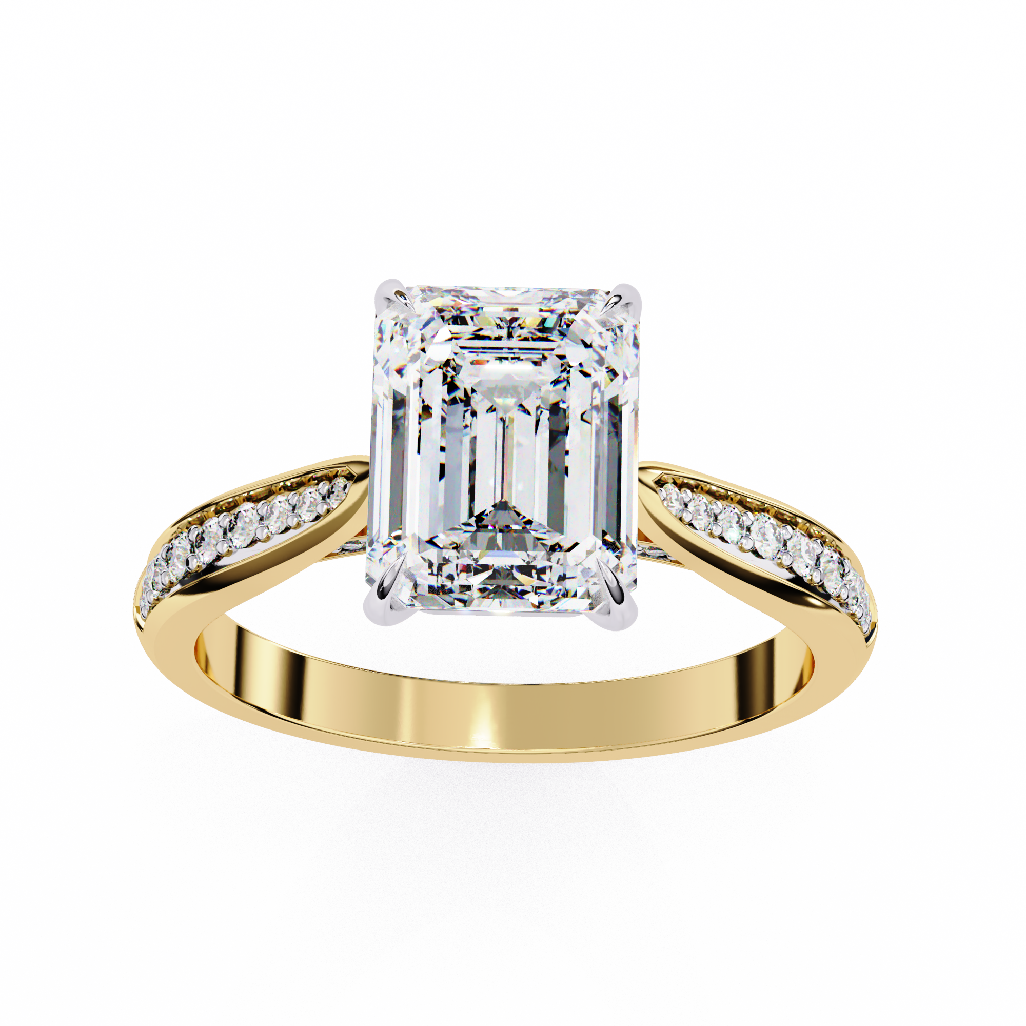 ring features a magnificent Emerald-cut diamond held in a refined prong setting