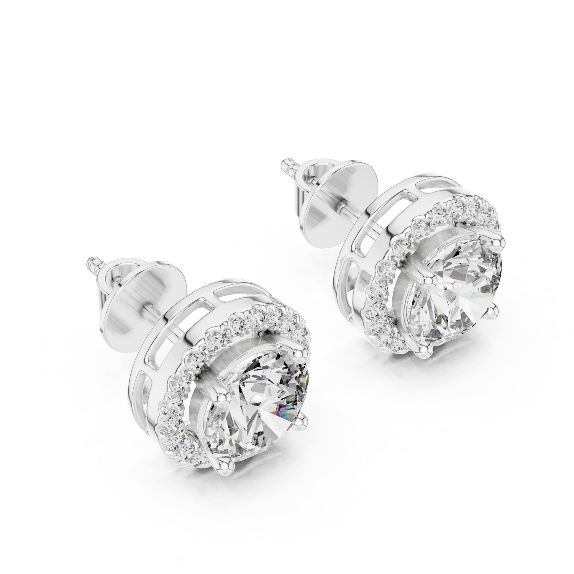 Pair of diamond earrings with gold accents on a white background