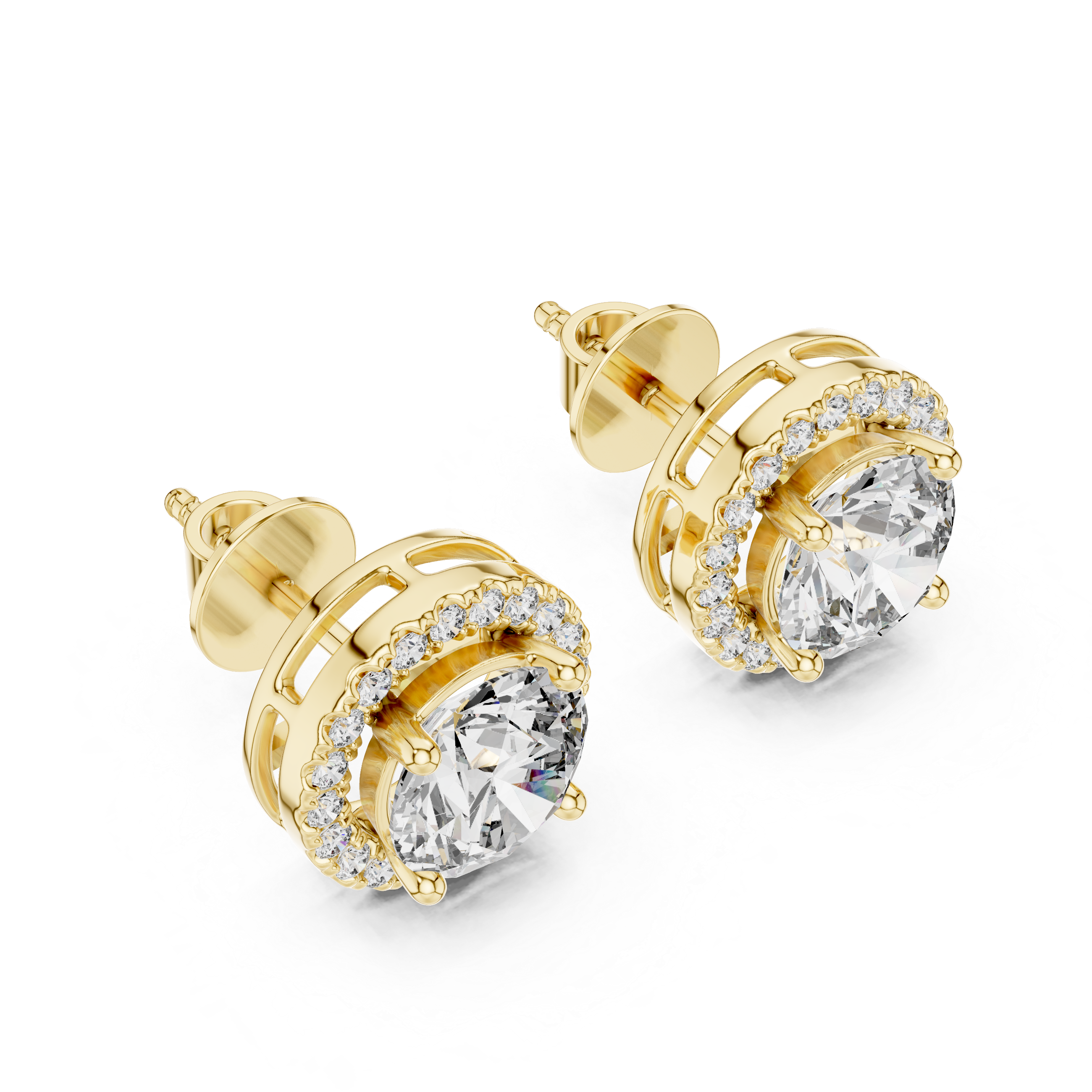 Pair of diamond earrings with gold accents on a white background