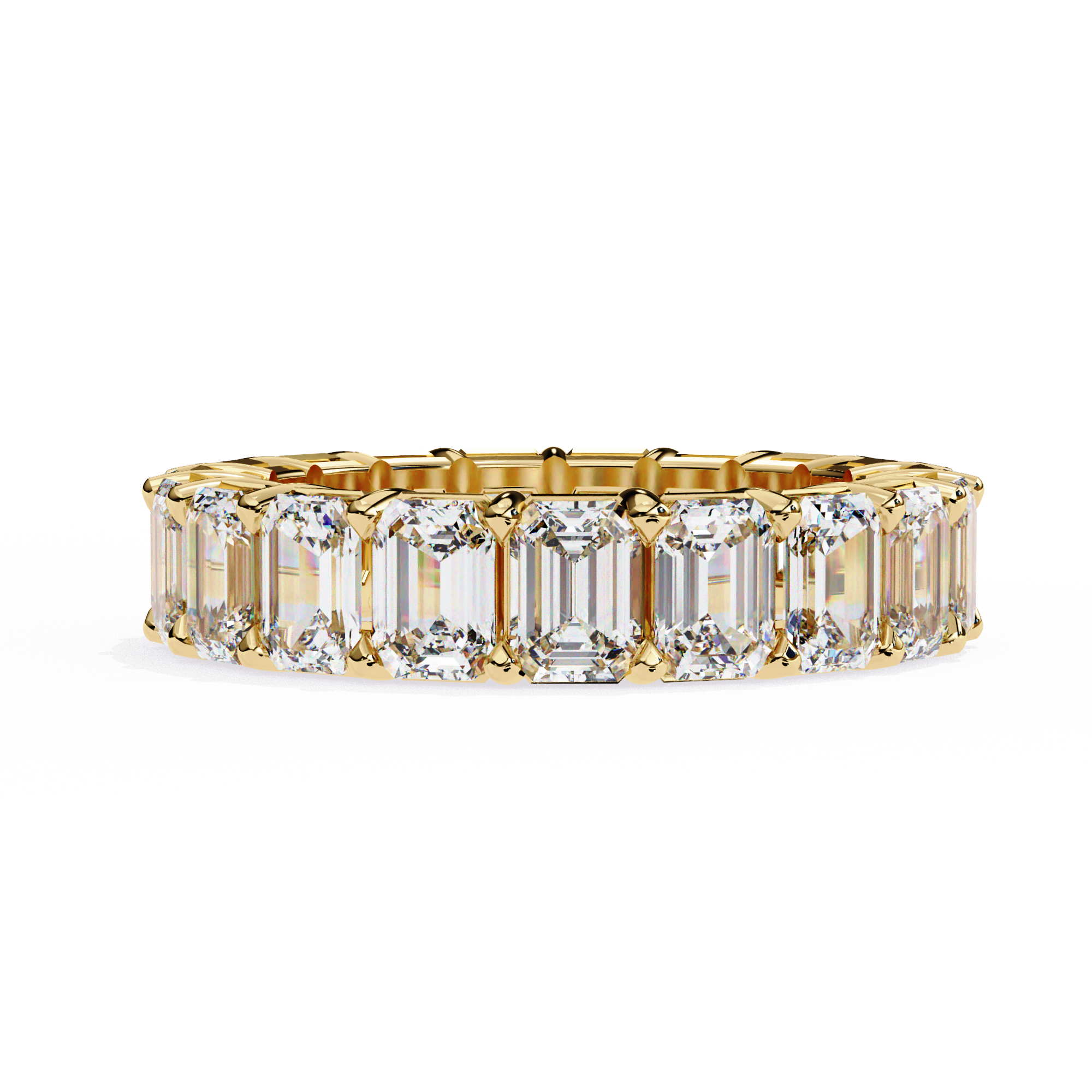 "tennis ring" features a continuous circle of magnificent Emerald-cut diamonds set vertically