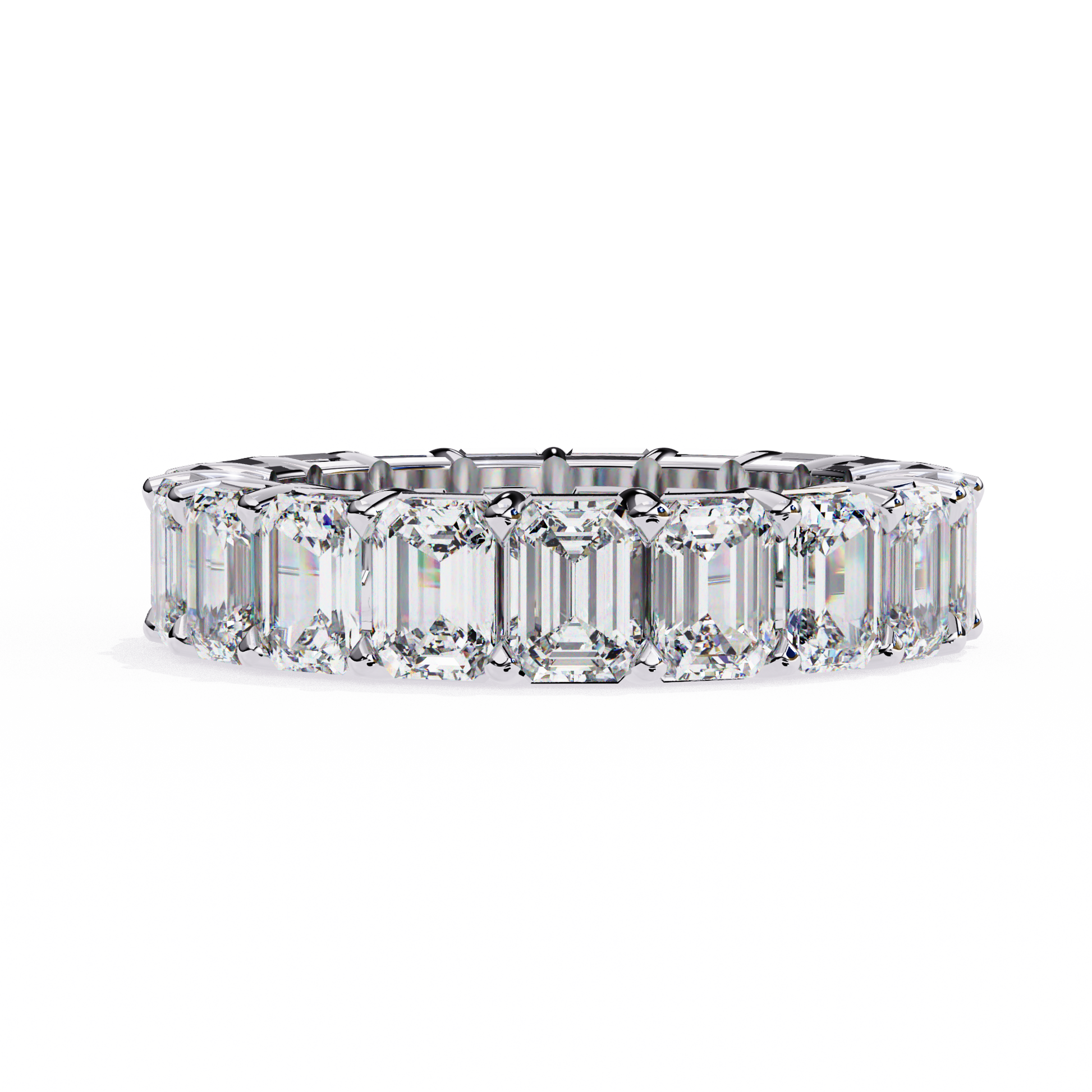 "tennis ring" features a continuous circle of magnificent Emerald-cut diamonds set vertically