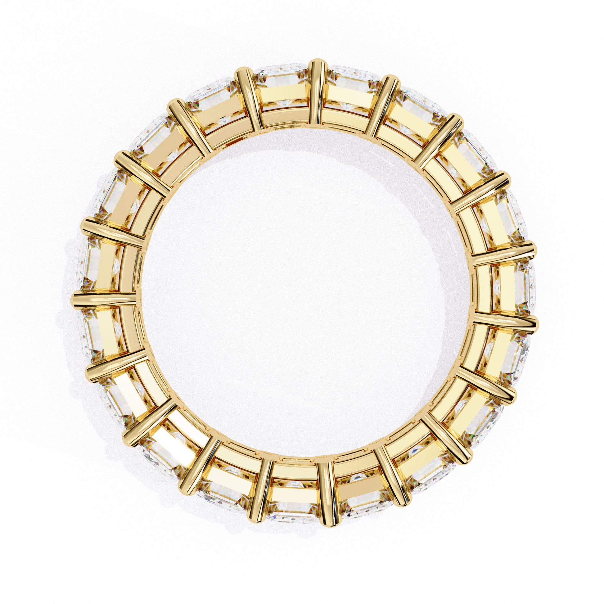 "tennis ring" features a continuous circle of magnificent Emerald-cut diamonds set vertically