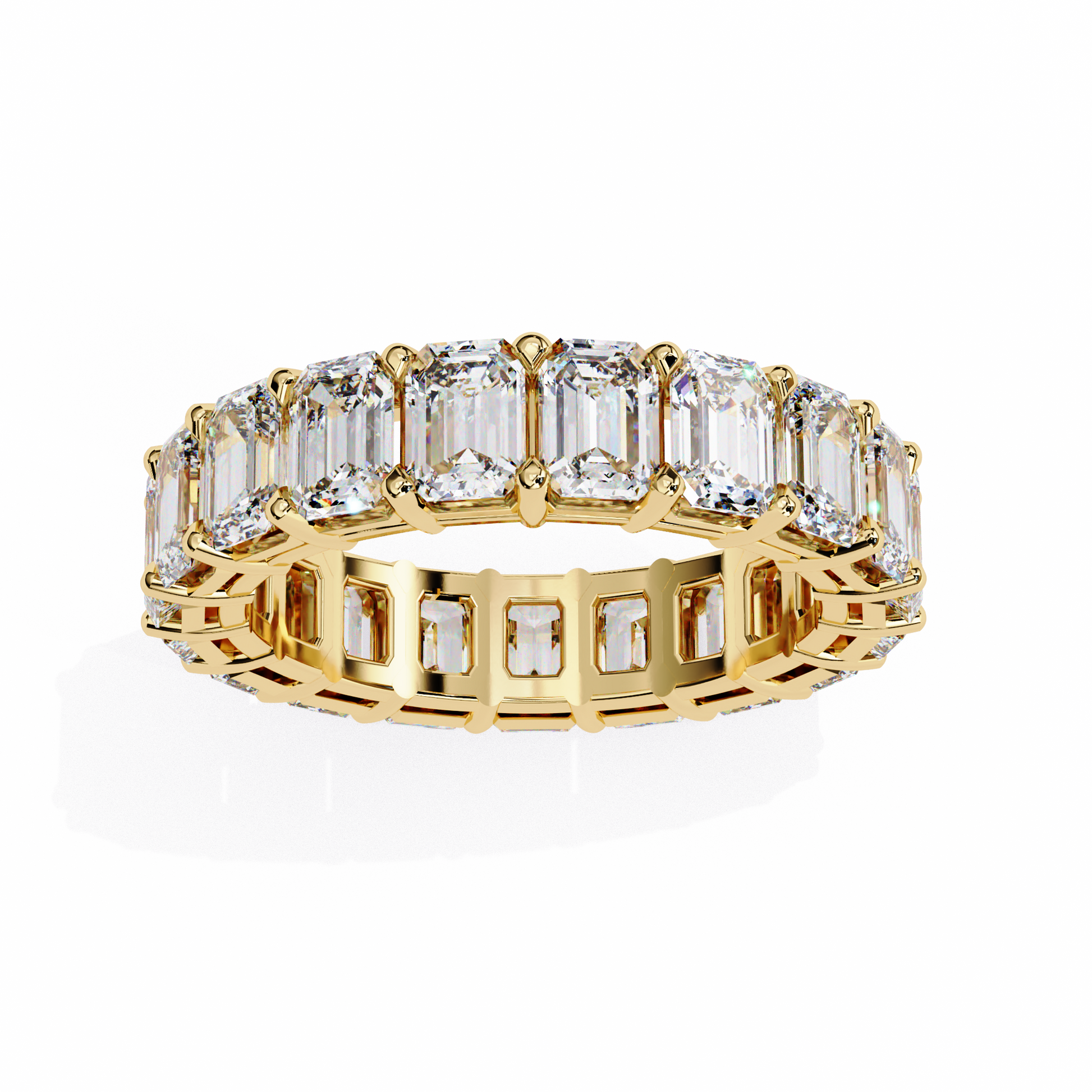 "tennis ring" features a continuous circle of magnificent Emerald-cut diamonds set vertically