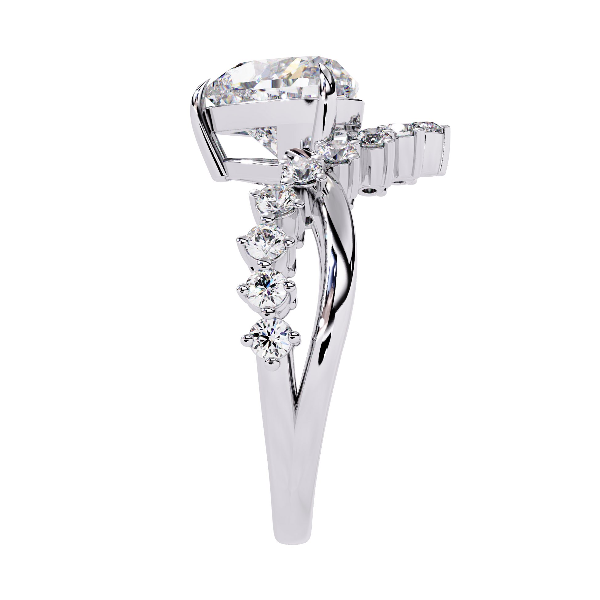 ring features a magnificent Heart-shaped diamond set atop a sophisticated dual-band V-shape architecture
