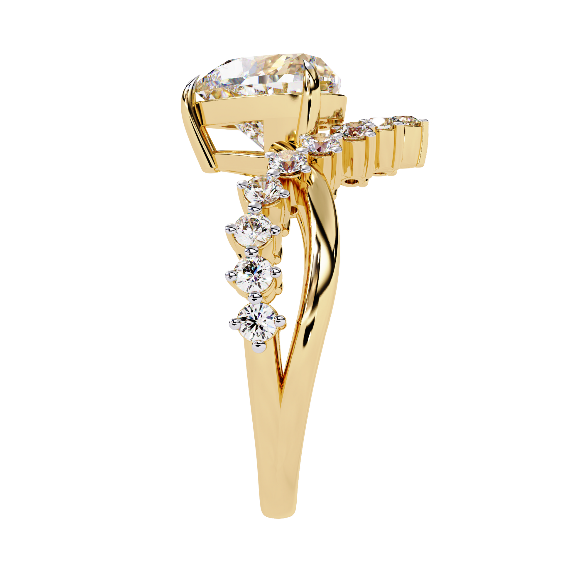 ring features a magnificent Heart-shaped diamond set atop a sophisticated dual-band V-shape architecture