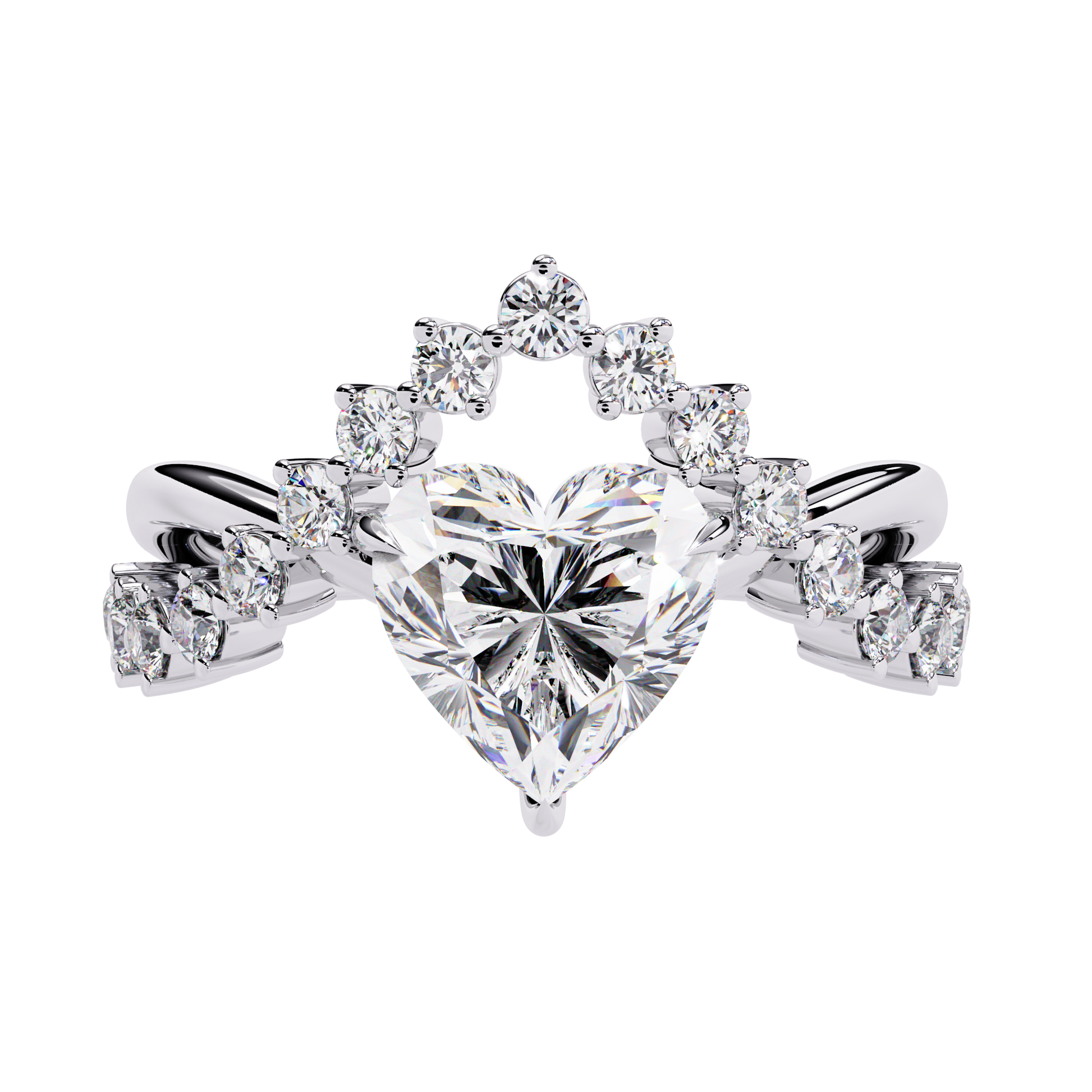 ring features a magnificent Heart-shaped diamond set atop a sophisticated dual-band V-shape architecture