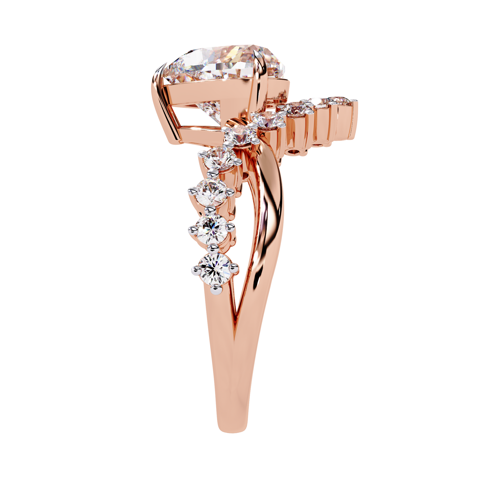 ring features a magnificent Heart-shaped diamond set atop a sophisticated dual-band V-shape architecture