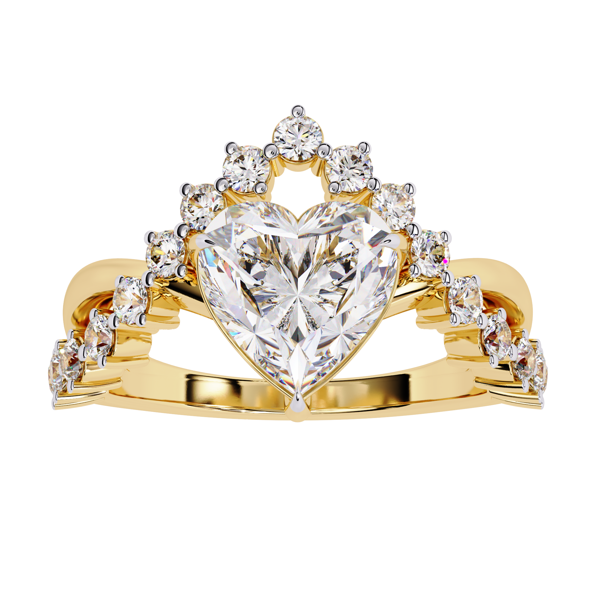 ring features a magnificent Heart-shaped diamond set atop a sophisticated dual-band V-shape architecture