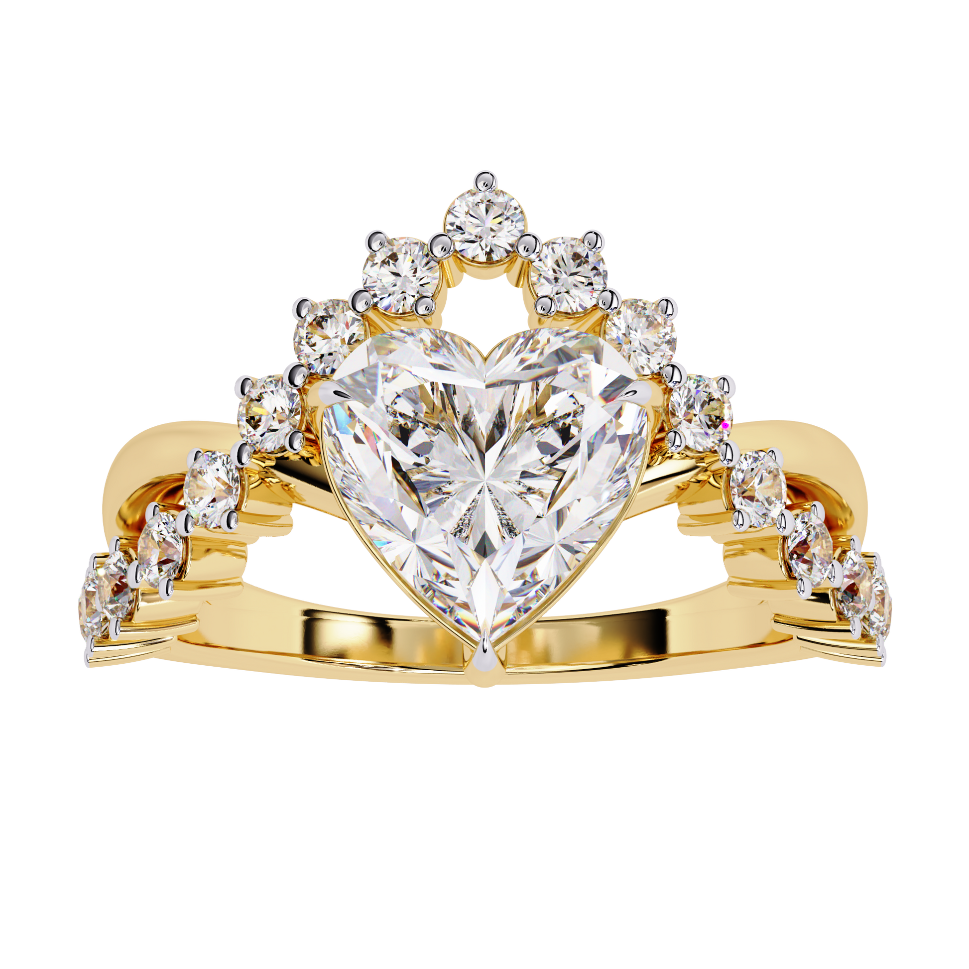 ring features a magnificent Heart-shaped diamond set atop a sophisticated dual-band V-shape architecture