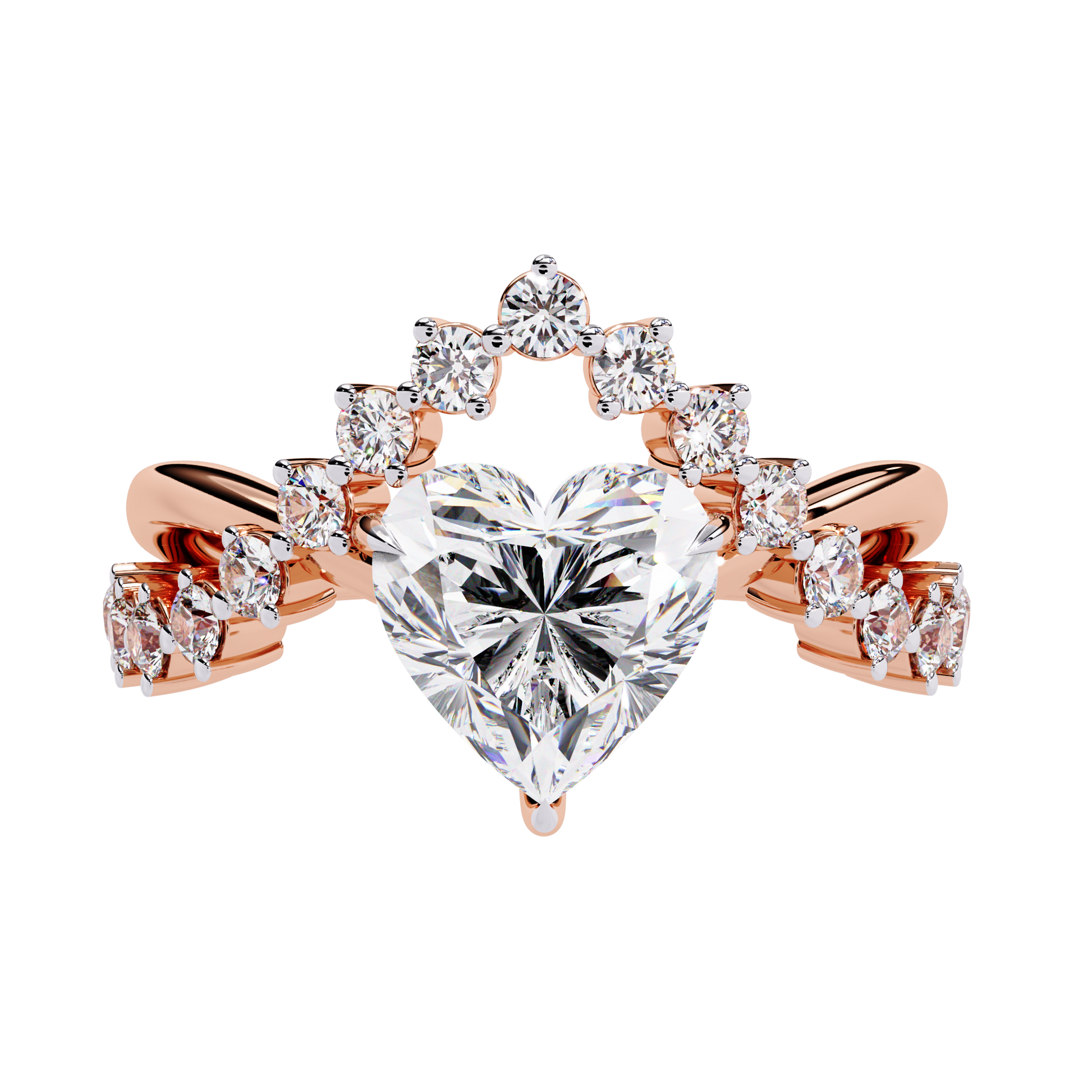 ring features a magnificent Heart-shaped diamond set atop a sophisticated dual-band V-shape architecture