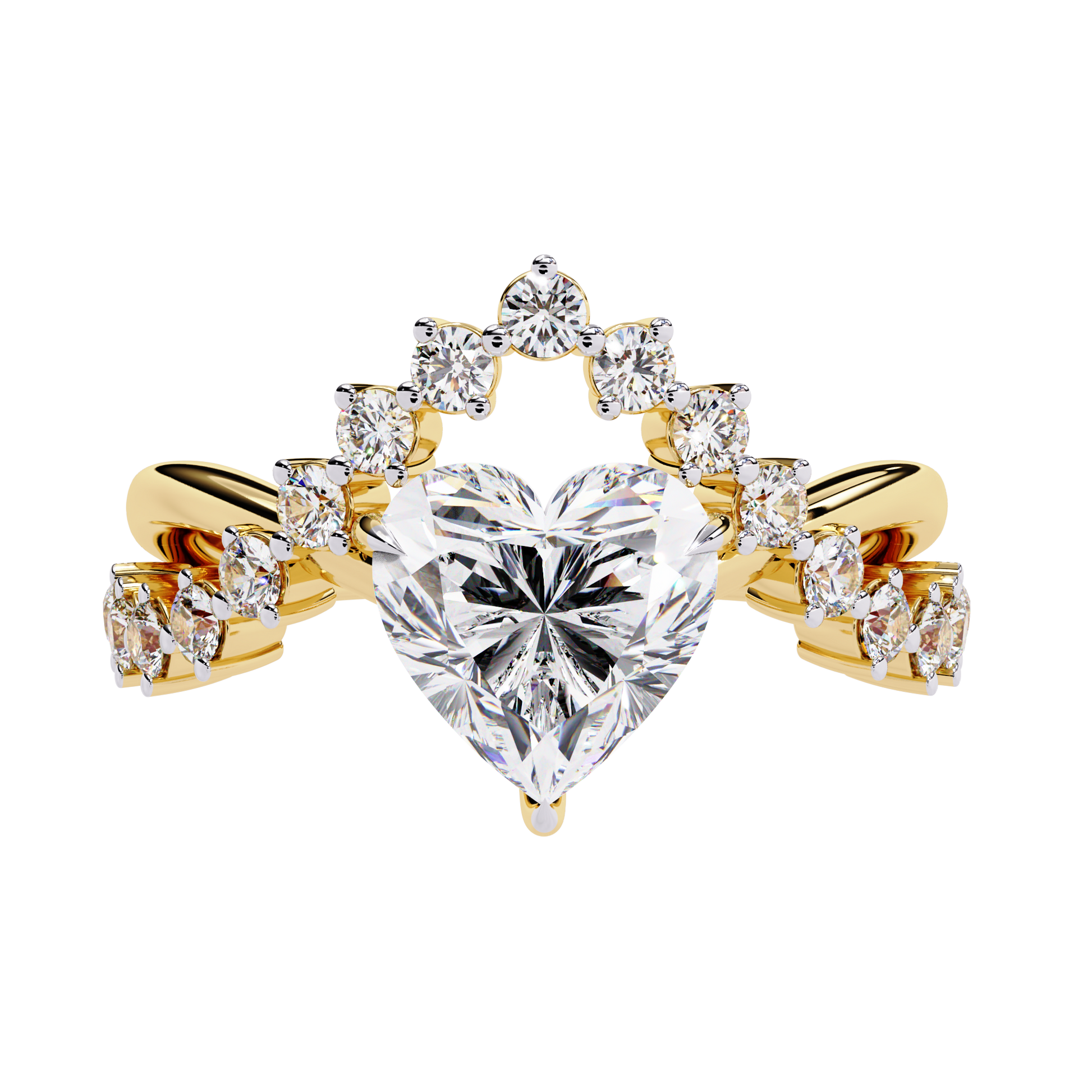 ring features a magnificent Heart-shaped diamond set atop a sophisticated dual-band V-shape architecture