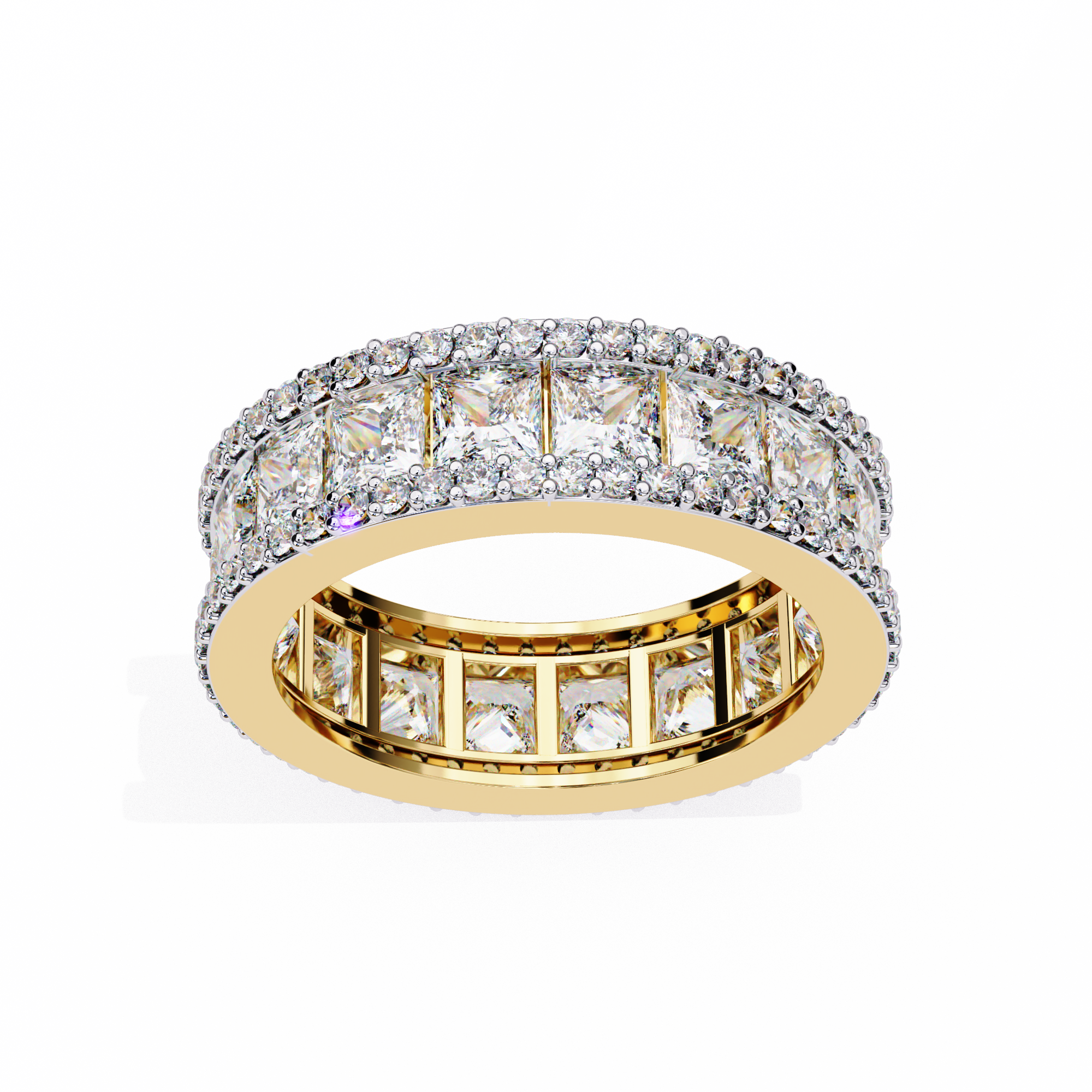 eternity band features a central line of sharp Princess-cut diamonds secured within a diamond-encrusted channel