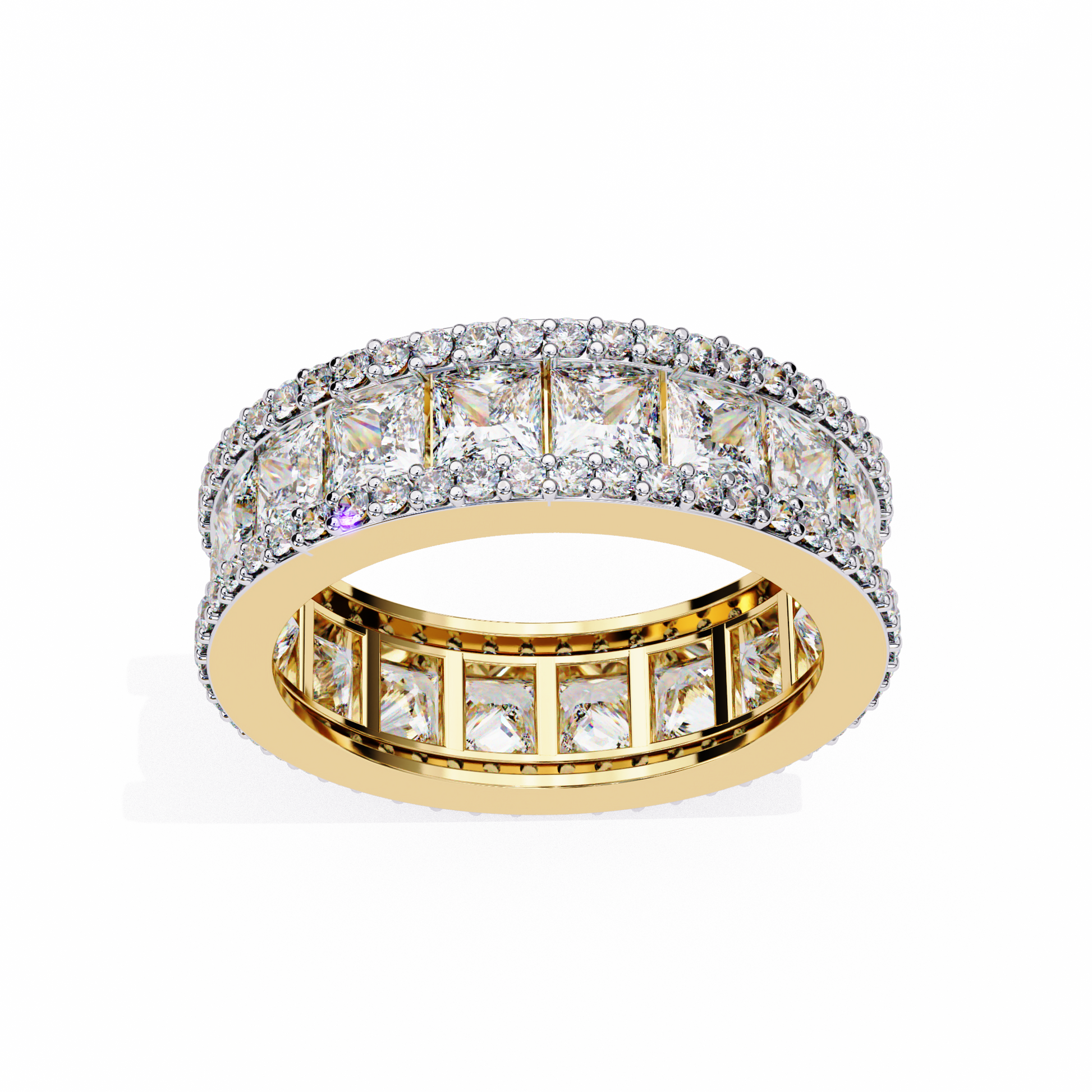 eternity band features a central line of sharp Princess-cut diamonds secured within a diamond-encrusted channel