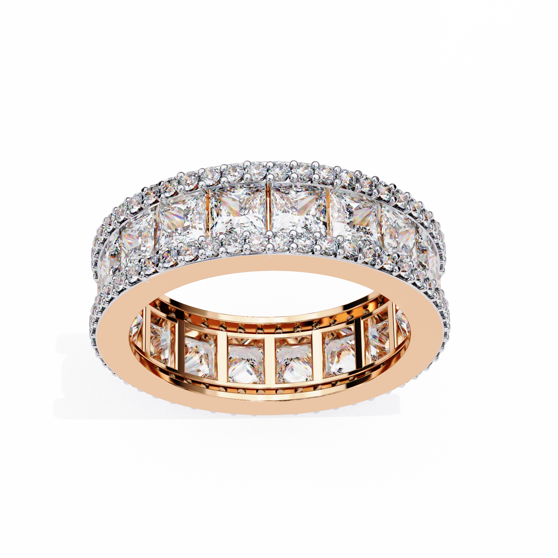 eternity band features a central line of sharp Princess-cut diamonds secured within a diamond-encrusted channel