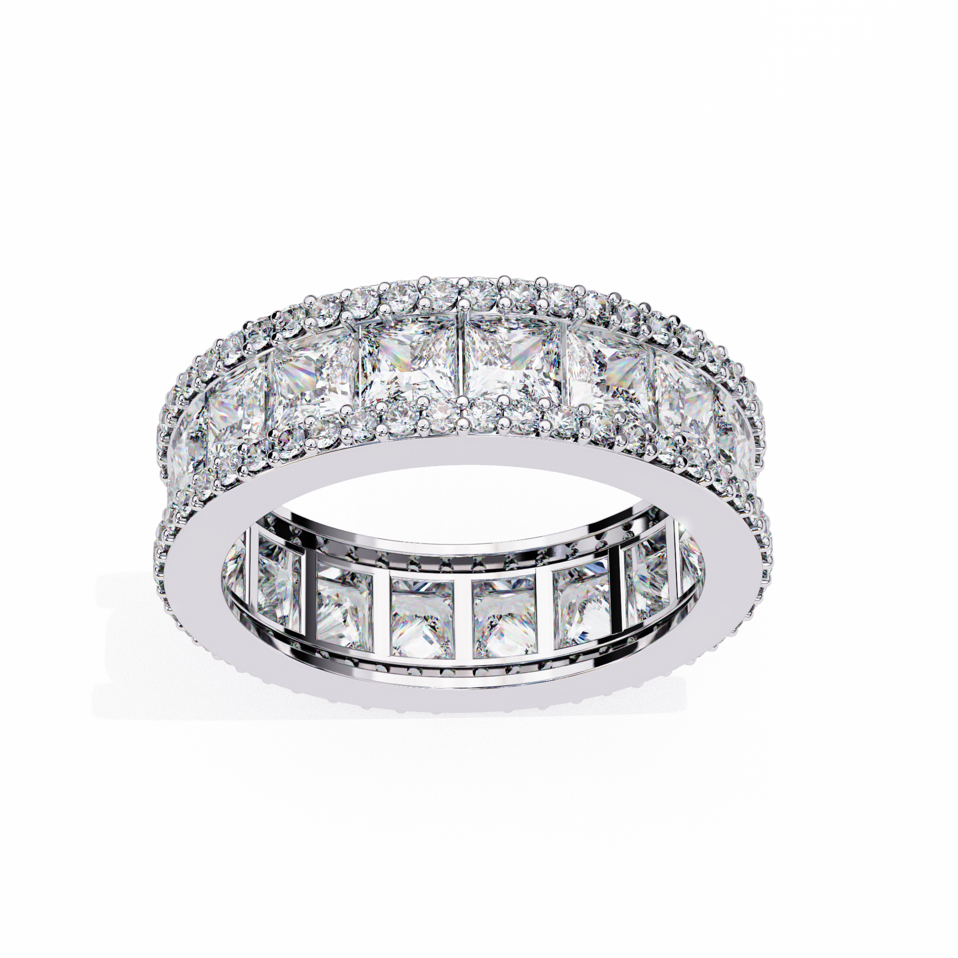 eternity band features a central line of sharp Princess-cut diamonds secured within a diamond-encrusted channel