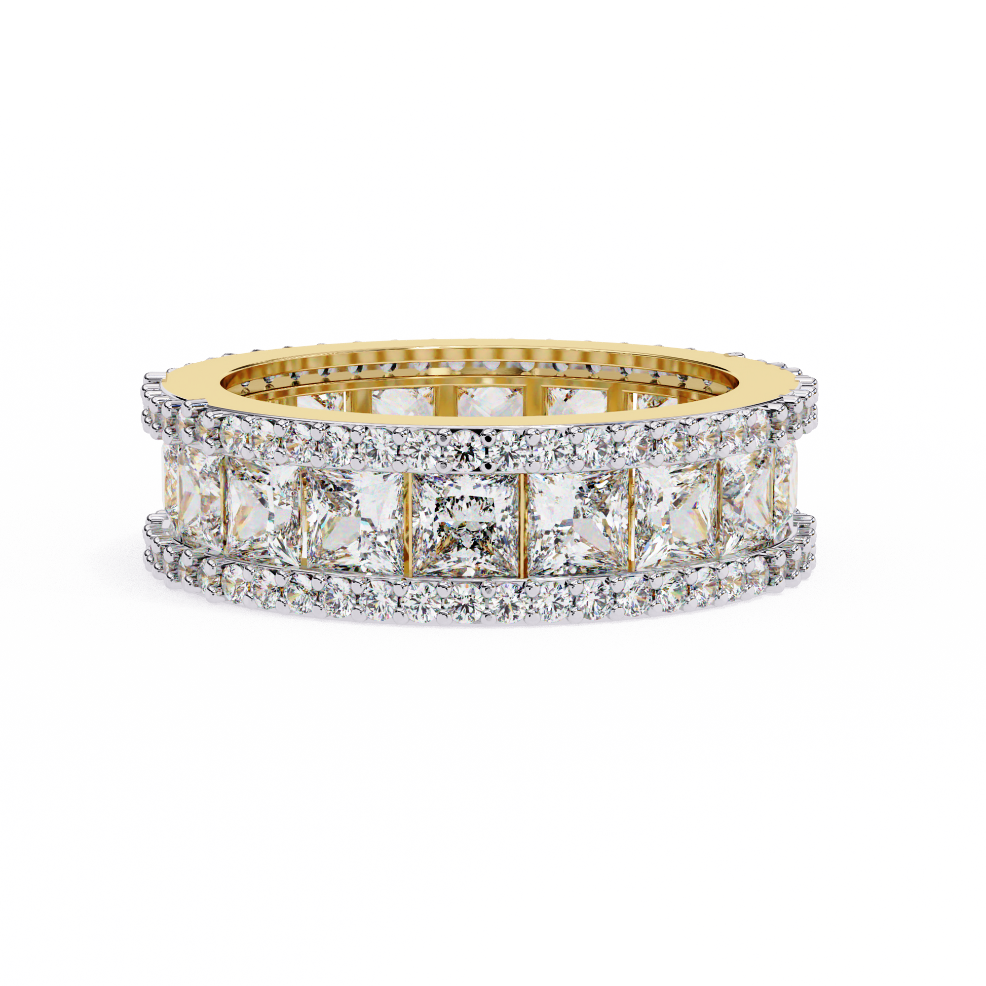 eternity band features a central line of sharp Princess-cut diamonds secured within a diamond-encrusted channel