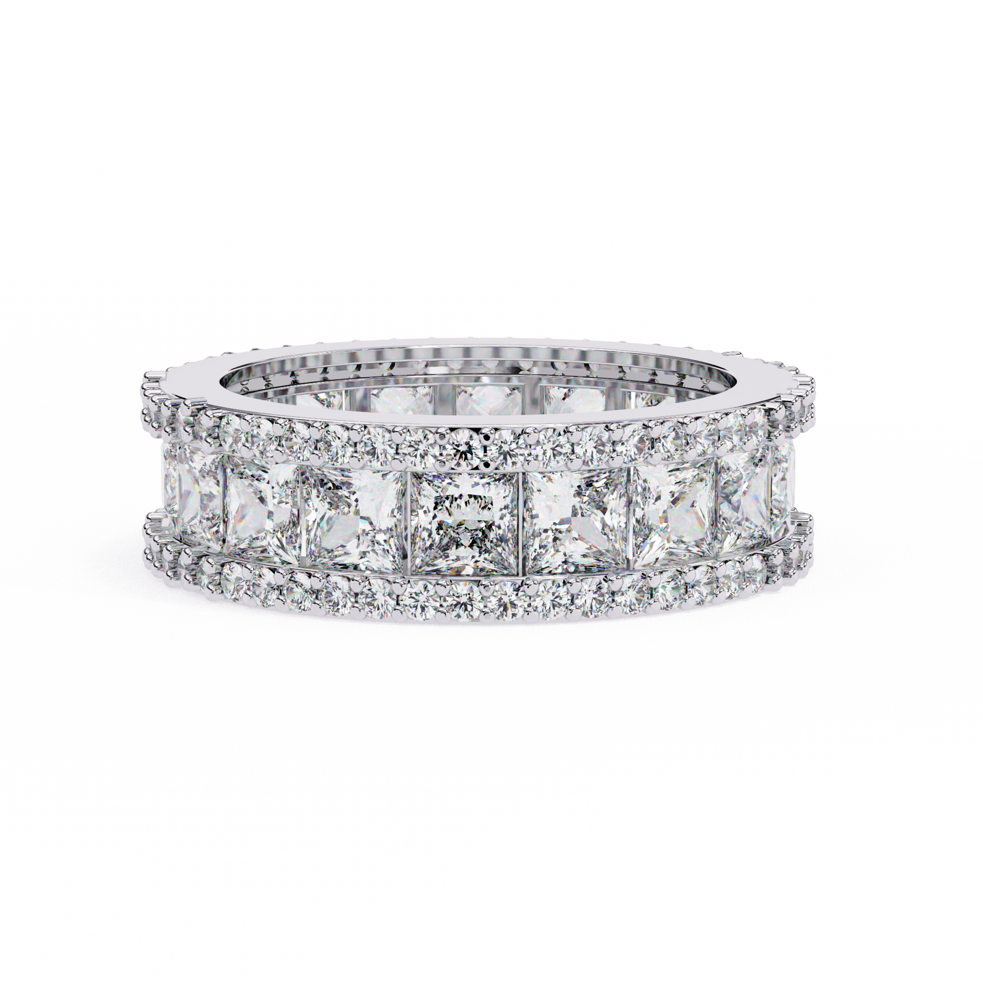 eternity band features a central line of sharp Princess-cut diamonds secured within a diamond-encrusted channel