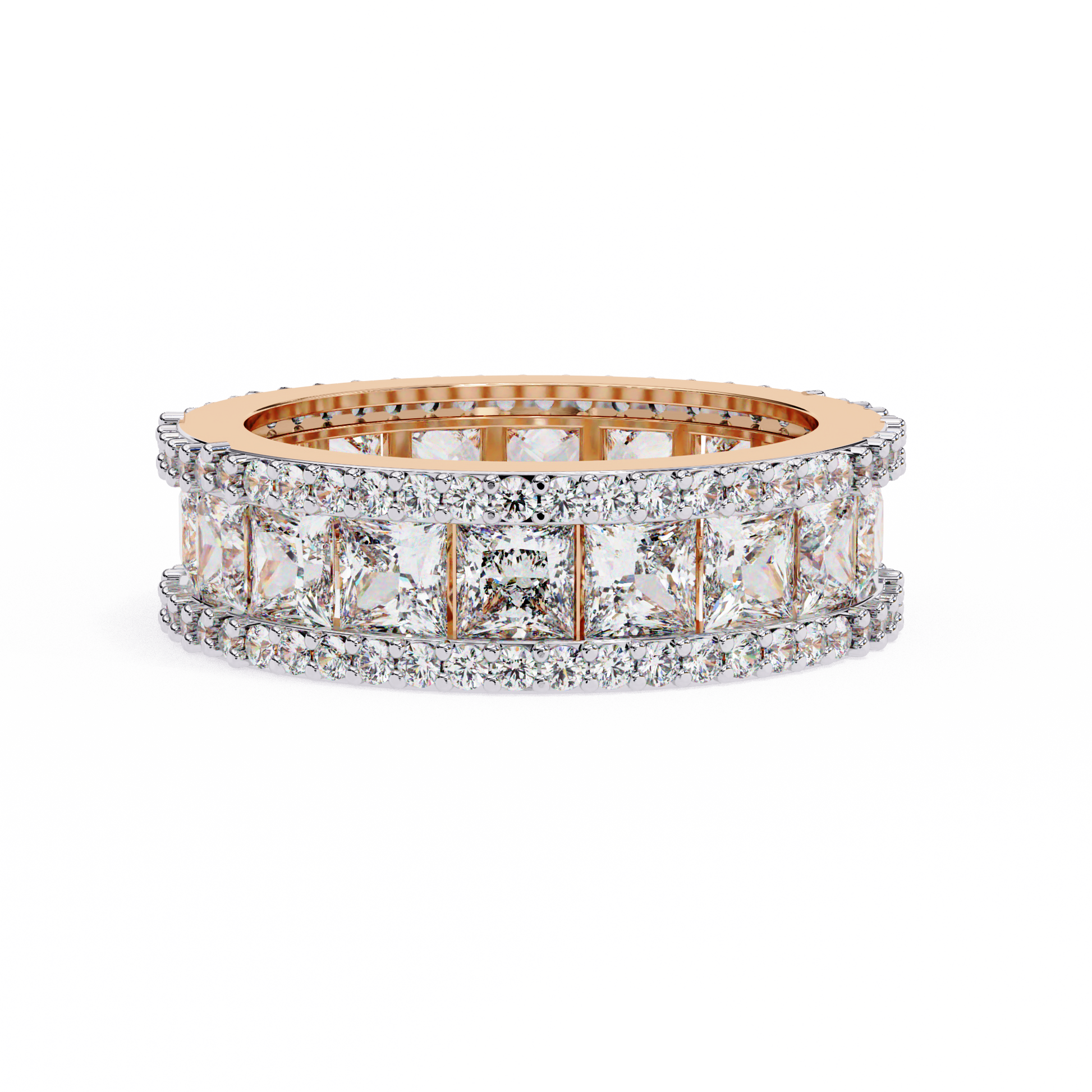 eternity band features a central line of sharp Princess-cut diamonds secured within a diamond-encrusted channel