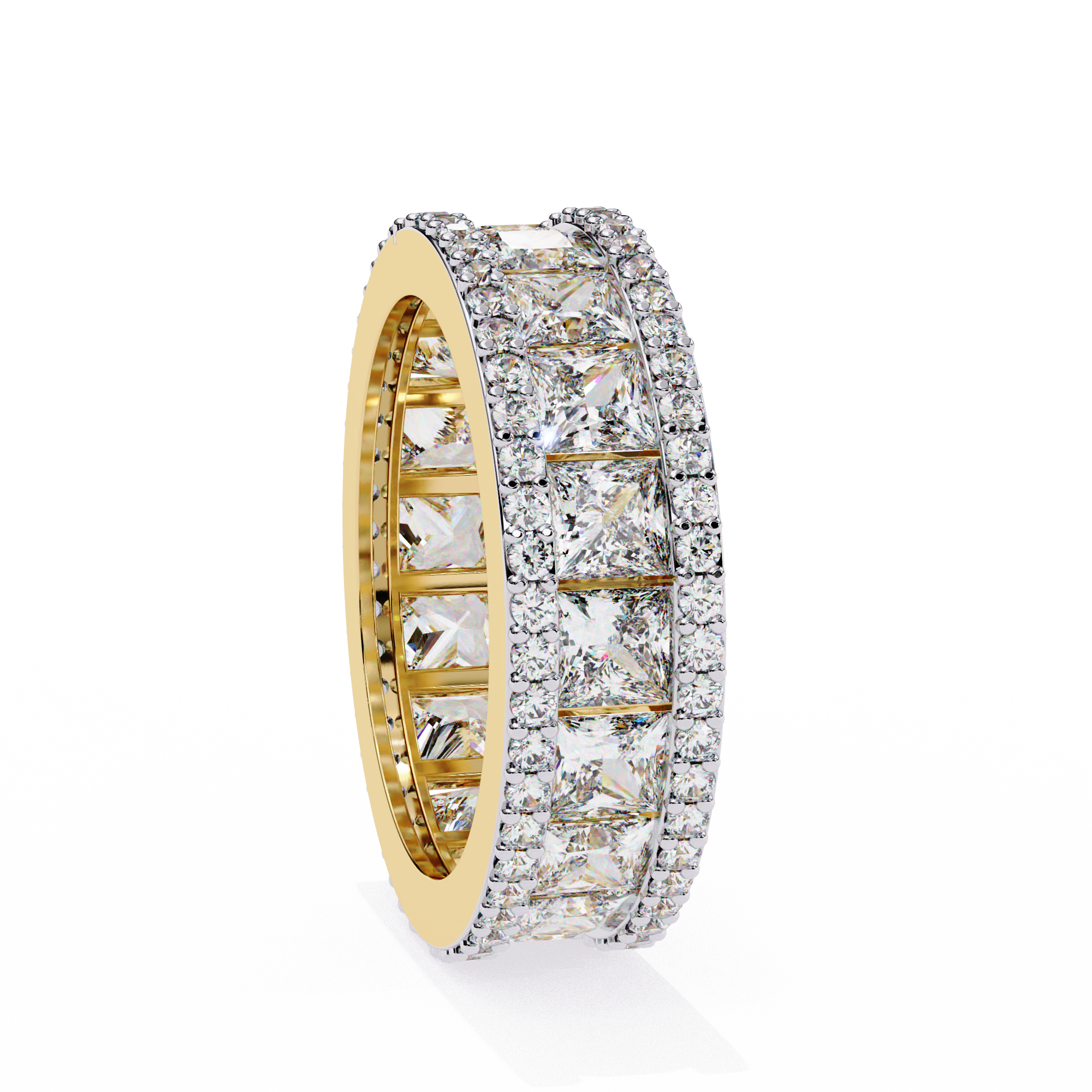 eternity band features a central line of sharp Princess-cut diamonds secured within a diamond-encrusted channel