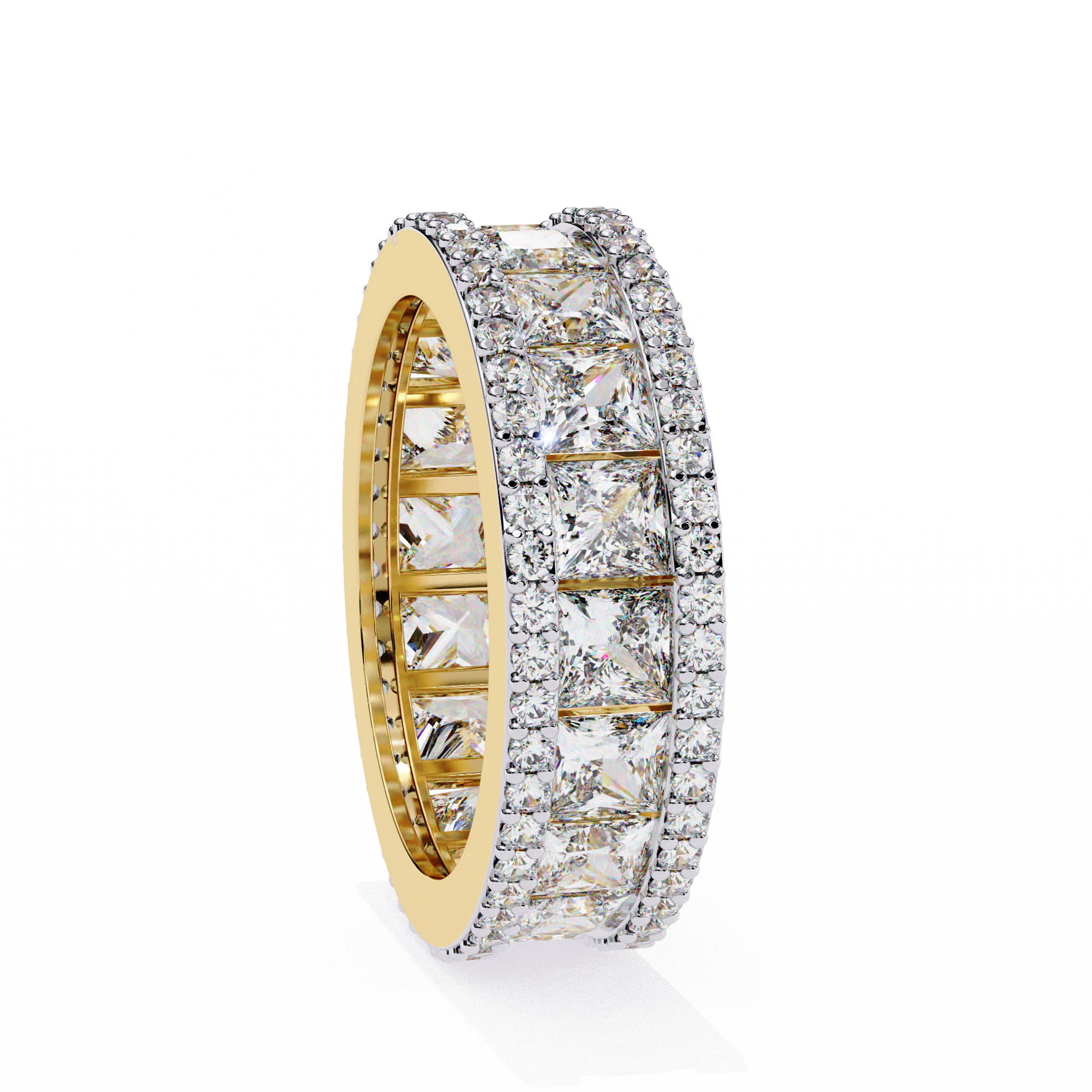 eternity band features a central line of sharp Princess-cut diamonds secured within a diamond-encrusted channel