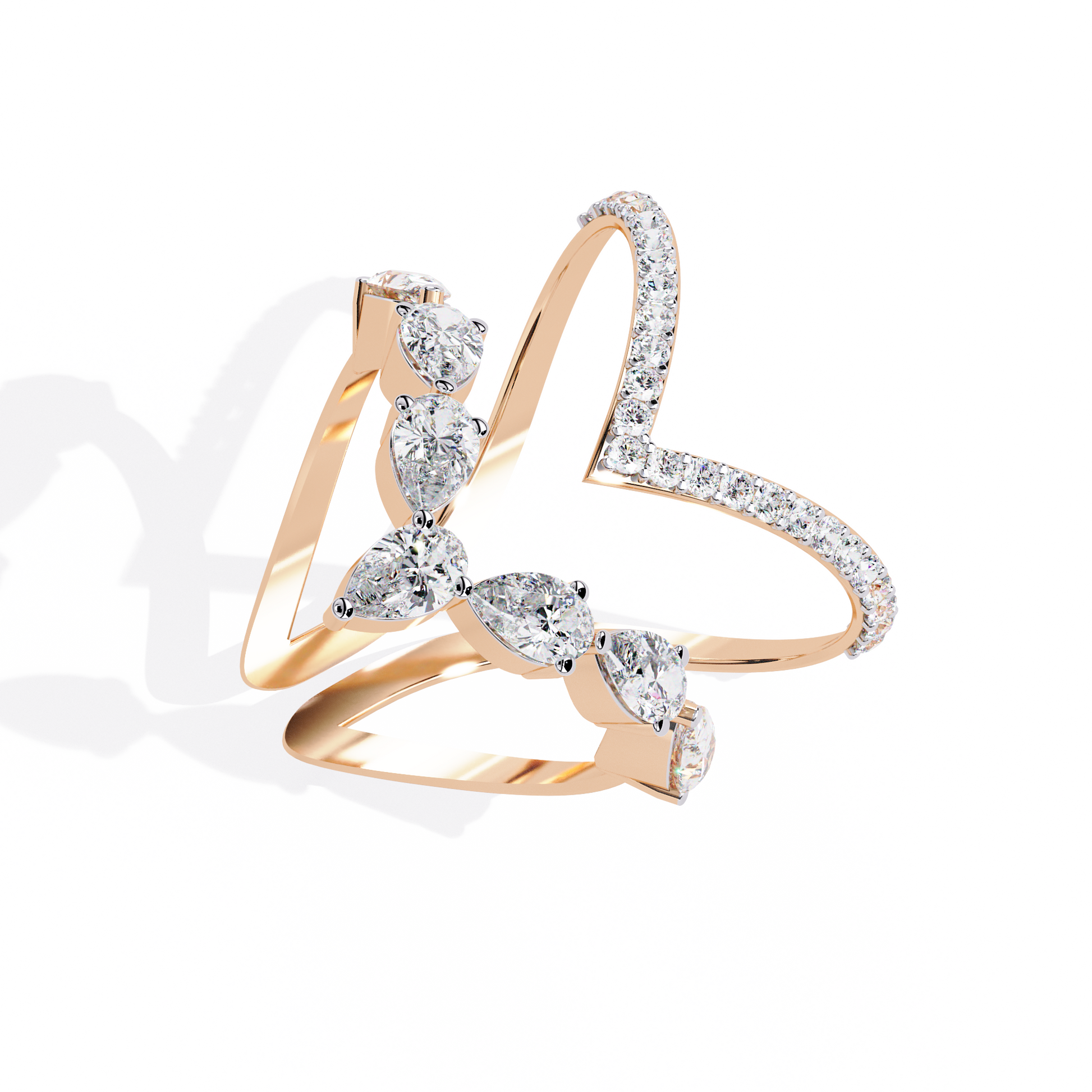 ring features a sophisticated dual-band V-shape architecture encrusted with shimmering Pear and Round diamonds