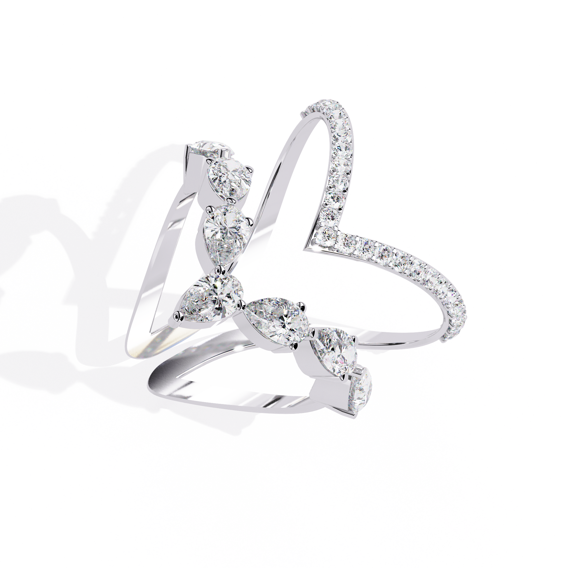 ring features a sophisticated dual-band V-shape architecture encrusted with shimmering Pear and Round diamonds