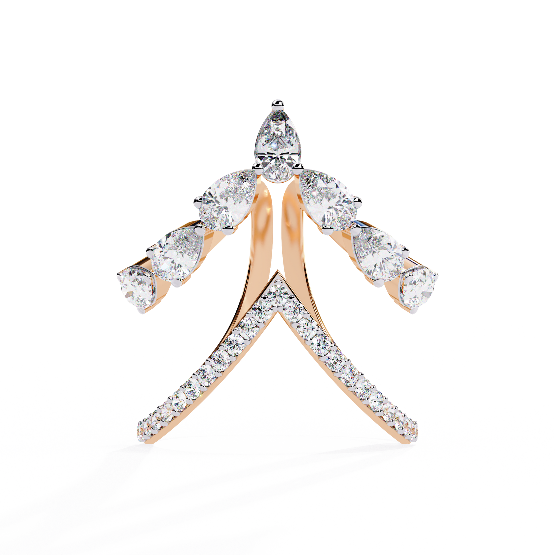 ring features a sophisticated dual-band V-shape architecture encrusted with shimmering Pear and Round diamonds