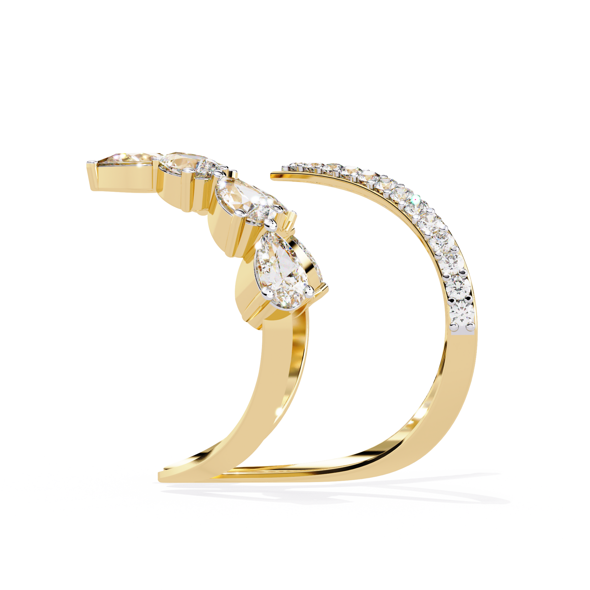 ring features a sophisticated dual-band V-shape architecture encrusted with shimmering Pear and Round diamonds