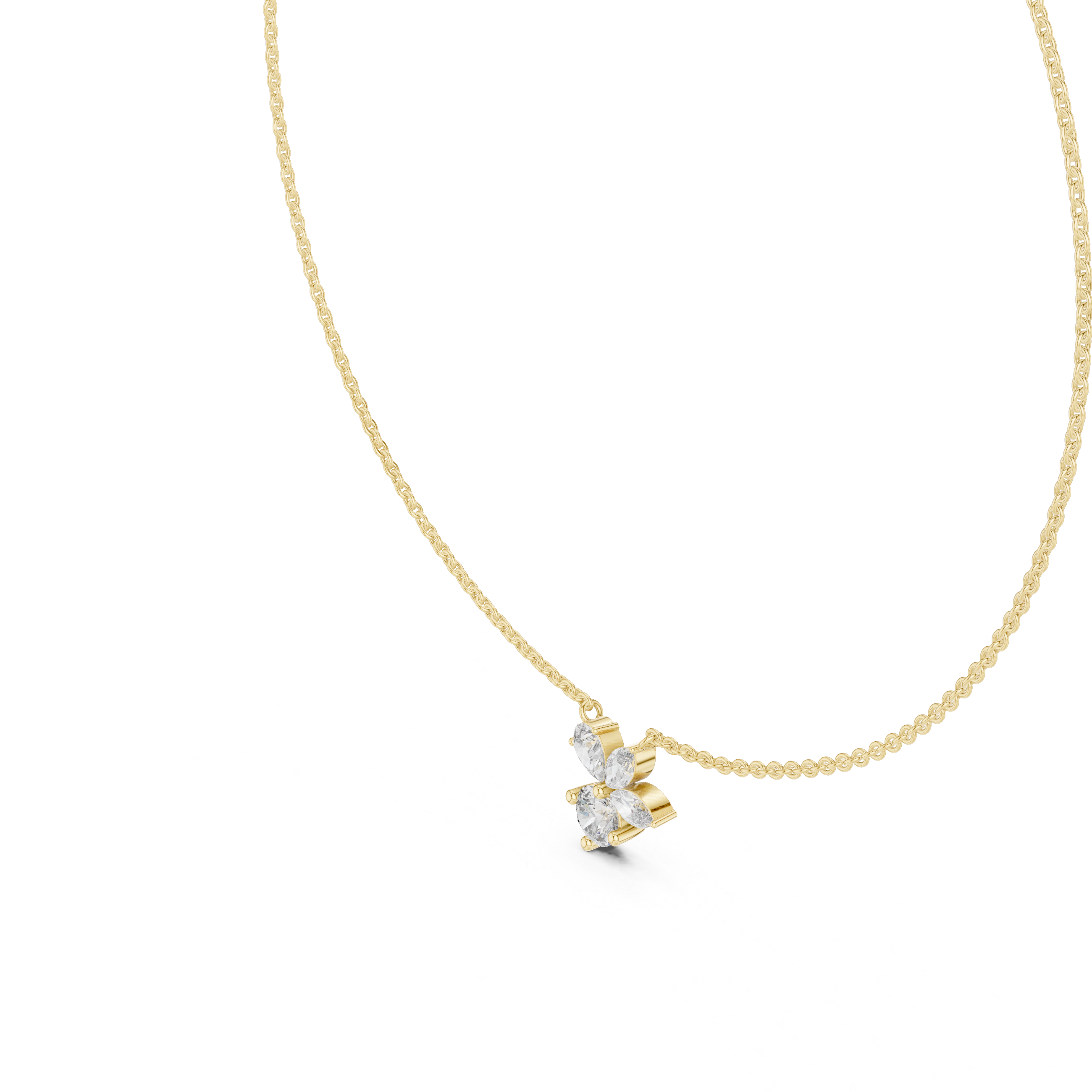 botanical-inspired pendant features a brilliant Round Diamond paired with an asymmetrical arrangement of Marquise-cut diamonds resembling a blooming petal