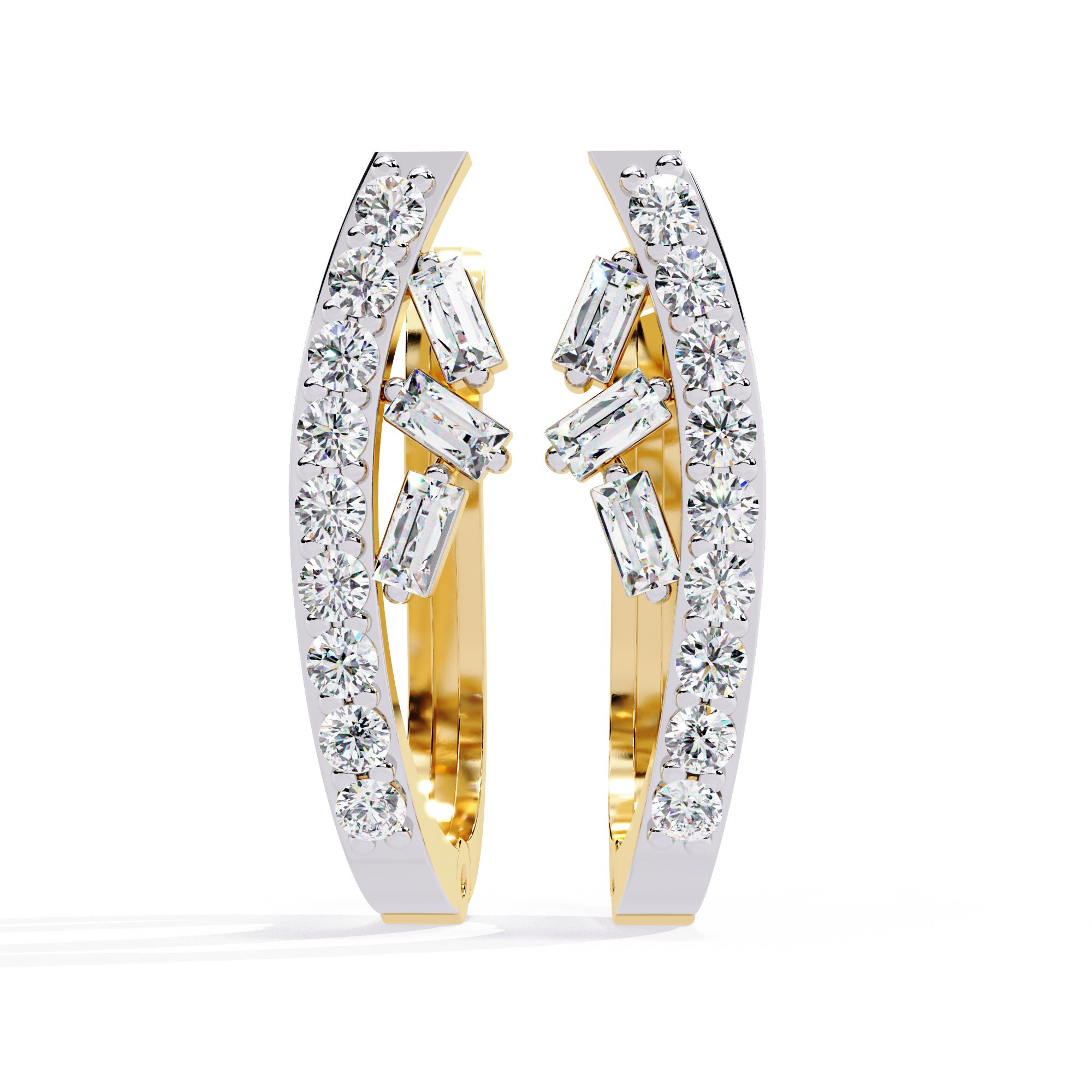 Gold and silver hoop earrings with diamonds on a white background