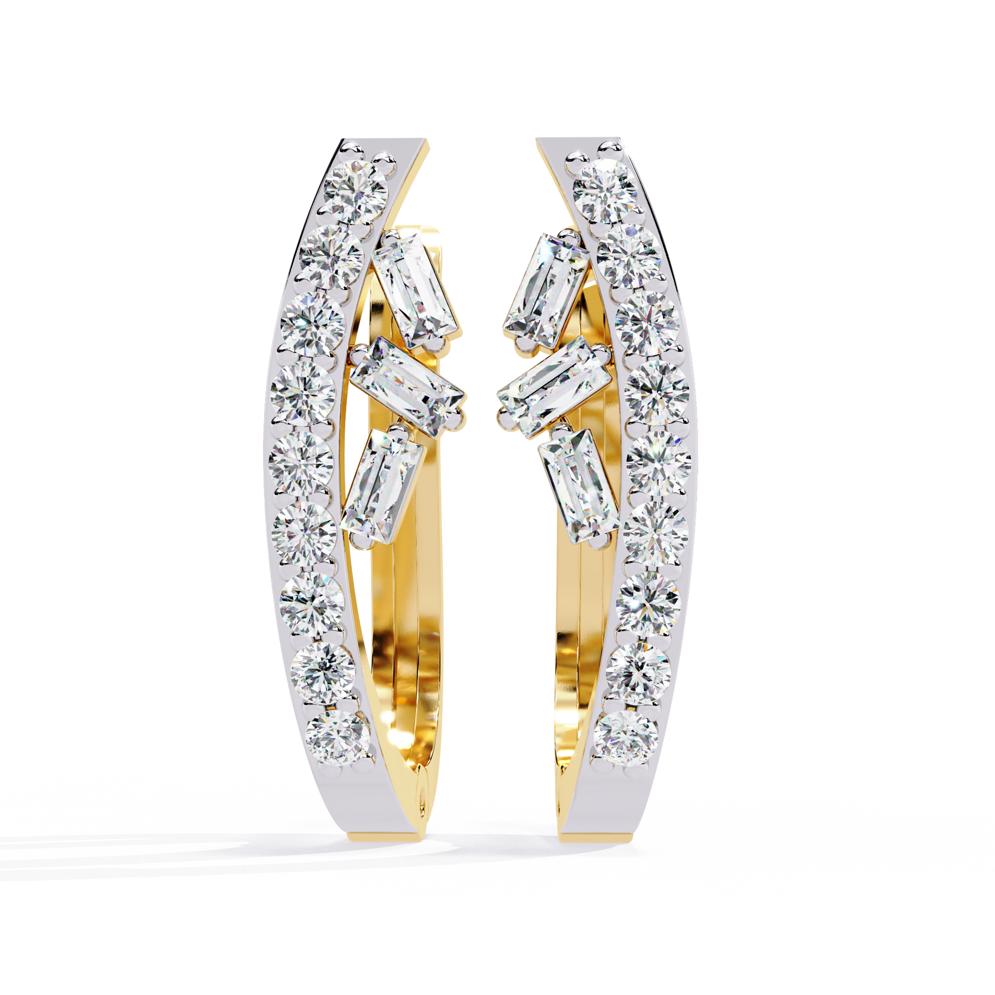 Gold and silver hoop earrings with diamonds on a white background