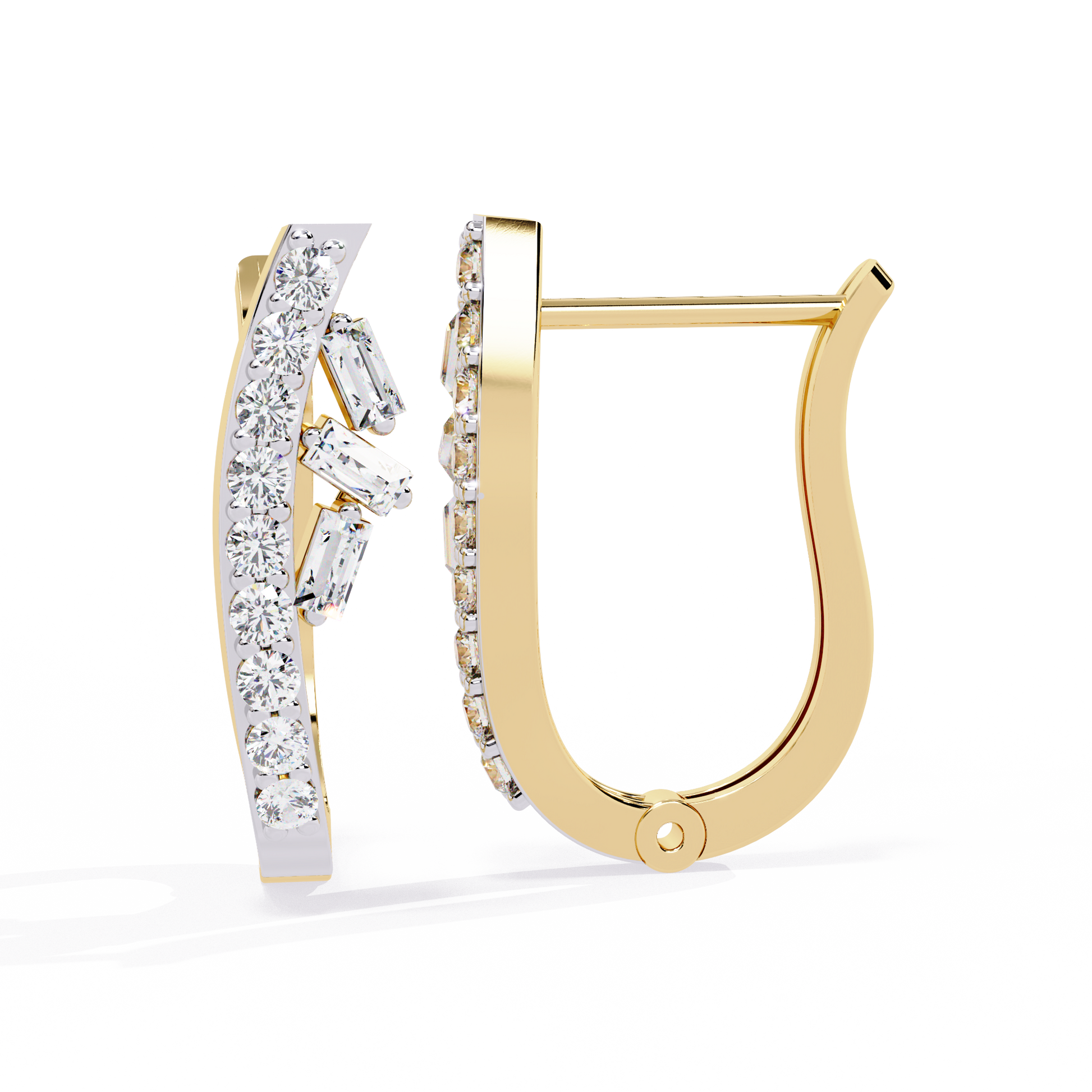 Gold hoop earrings with diamond accents on a white background
