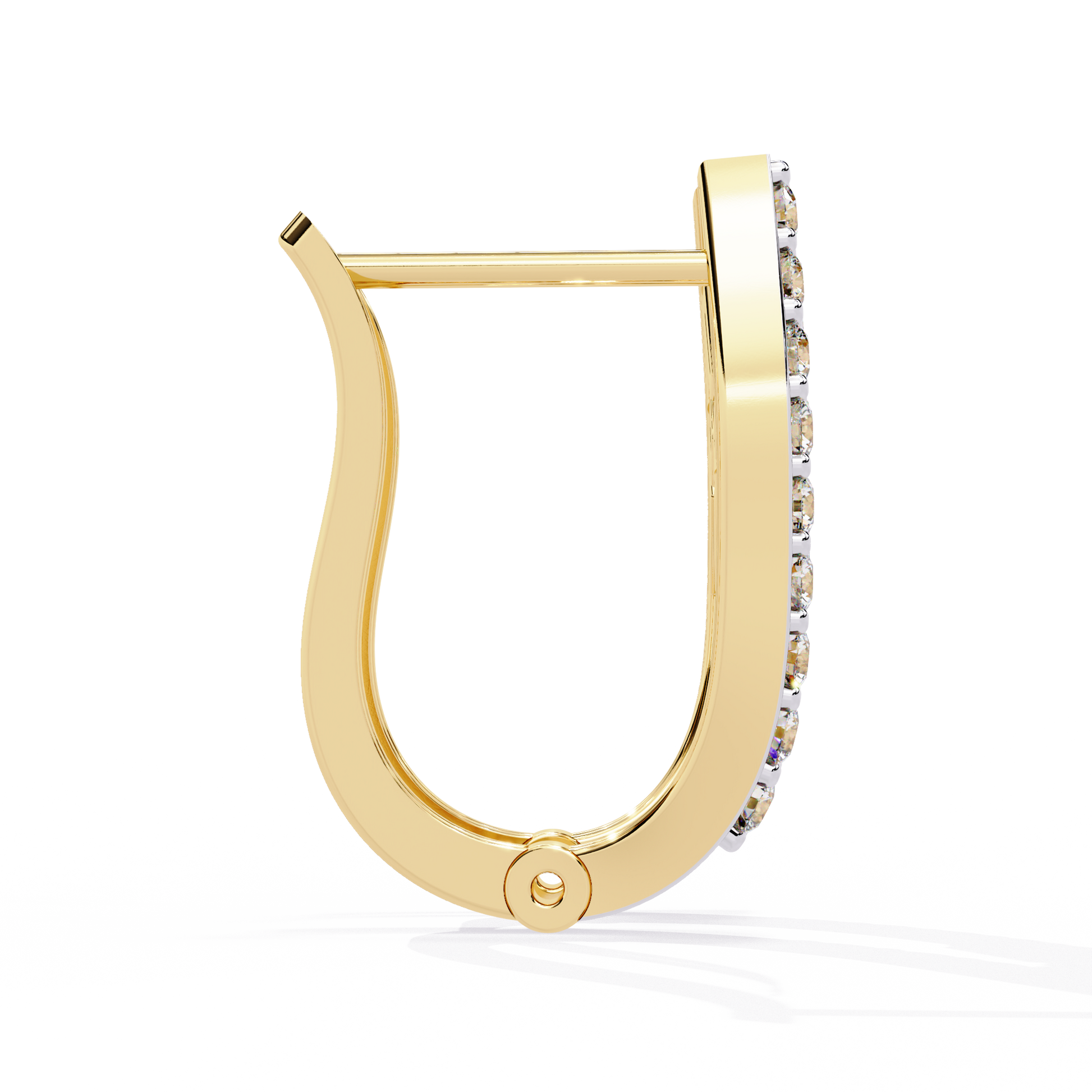 Gold hoop earring with small diamonds on a white background