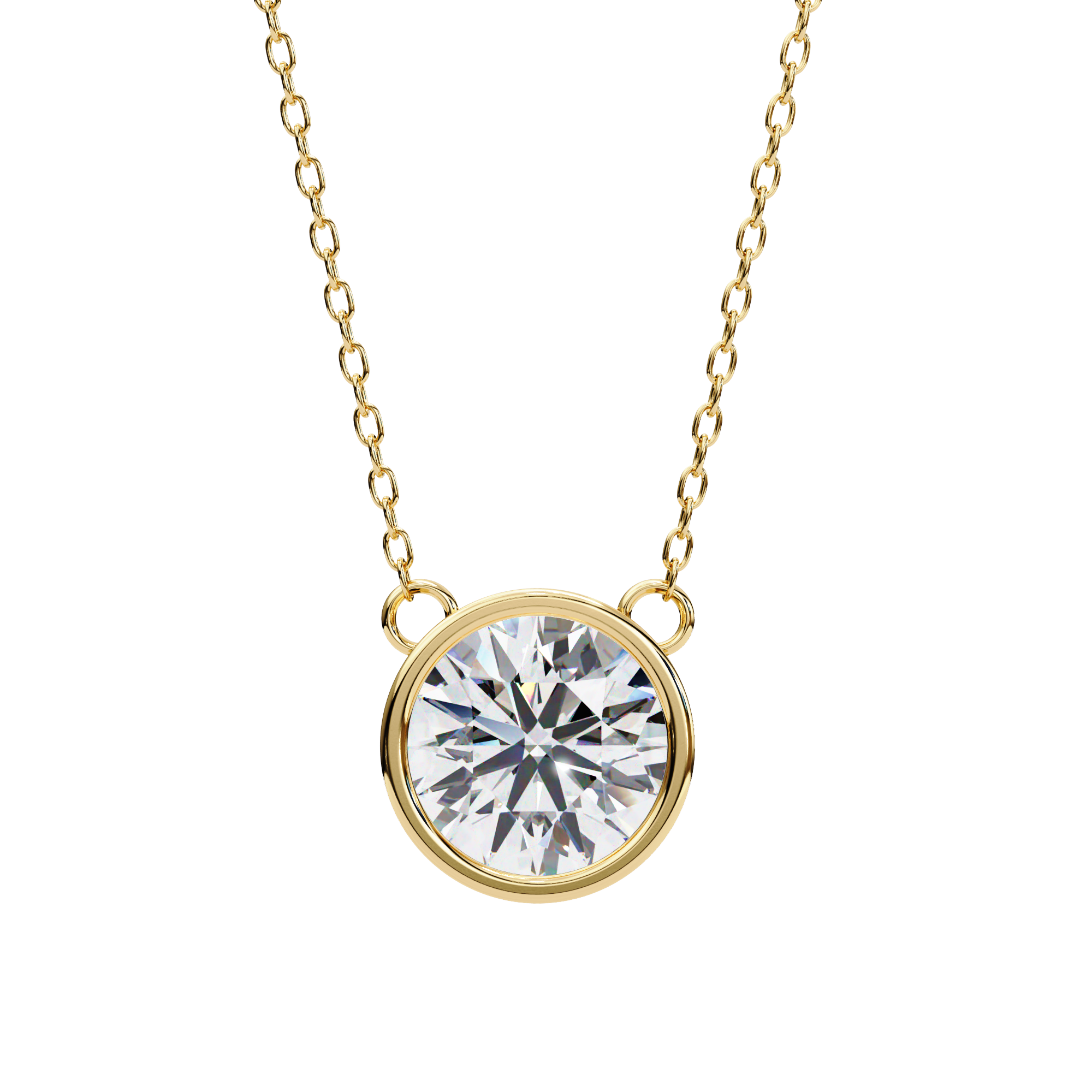 Gold necklace with a round diamond pendant on a white background