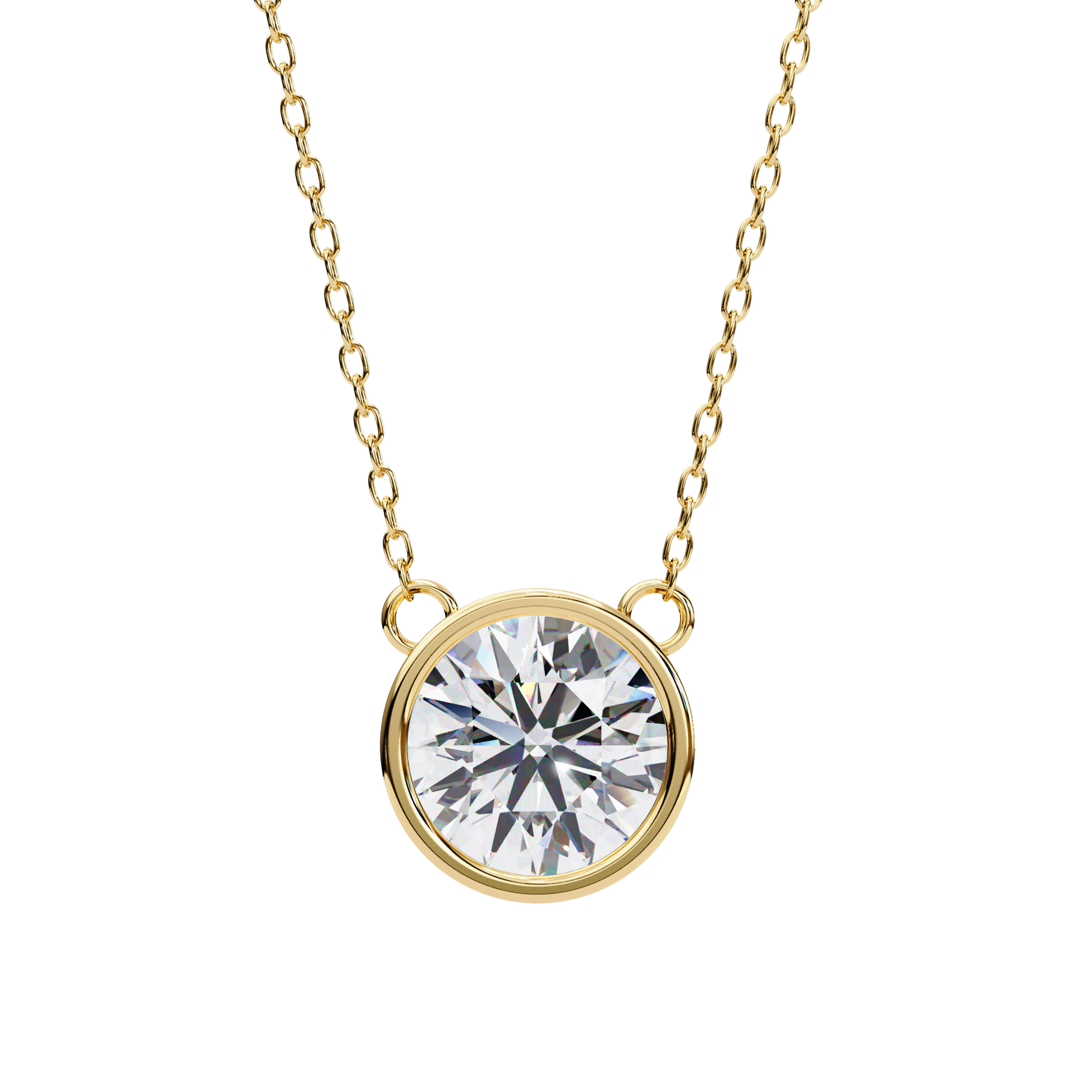Gold necklace with a round diamond pendant on a white background