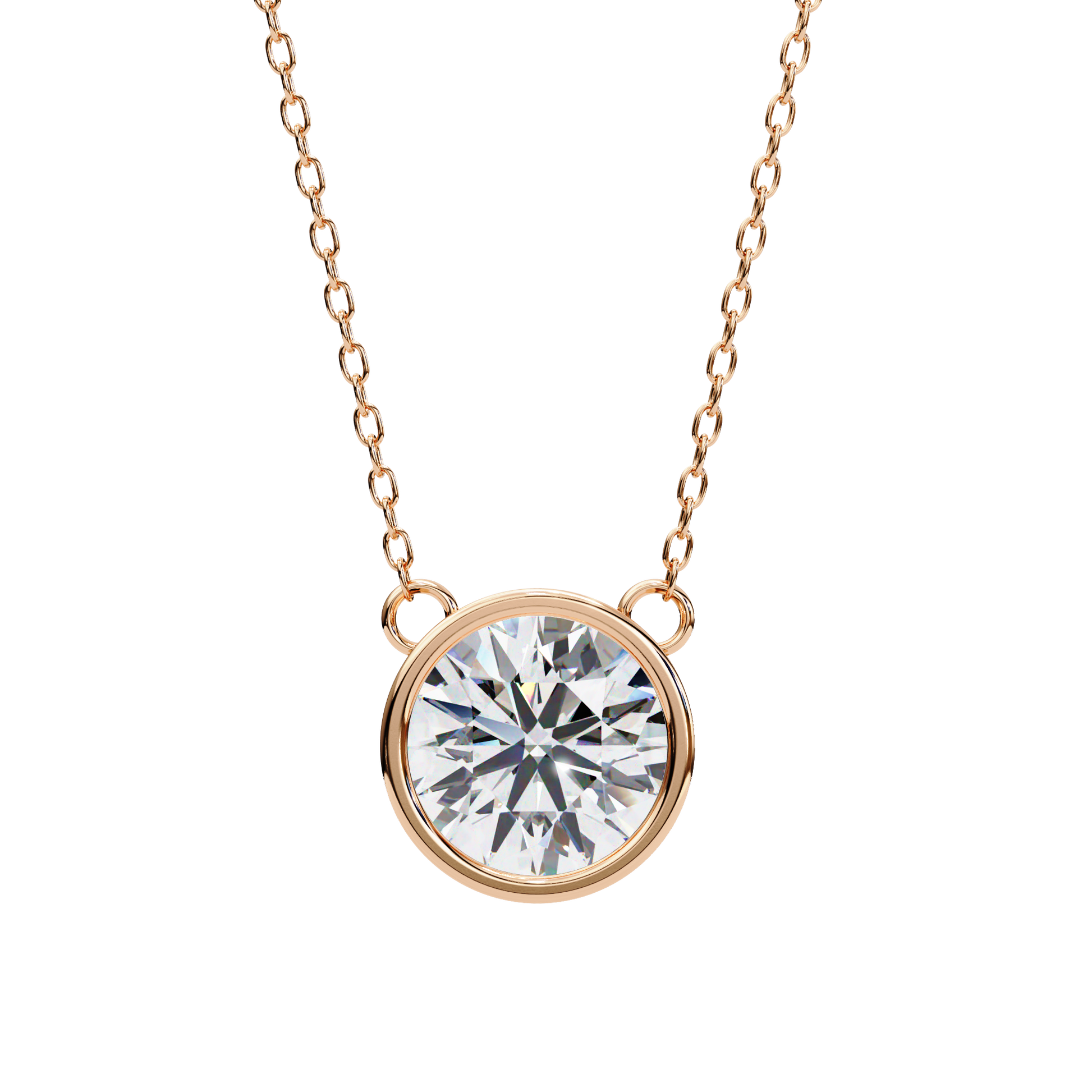 Rose gold necklace with a round diamond pendant on a white background