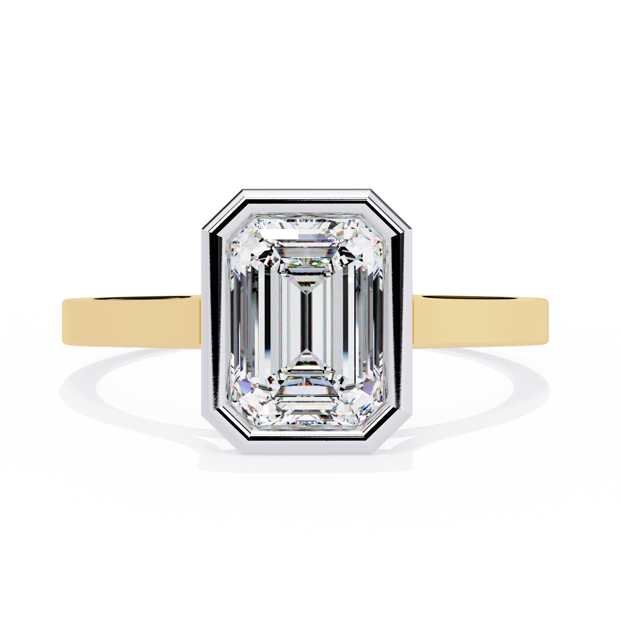features a brilliant Emerald-cut diamond securely encased within a smooth 18K Gold bezel