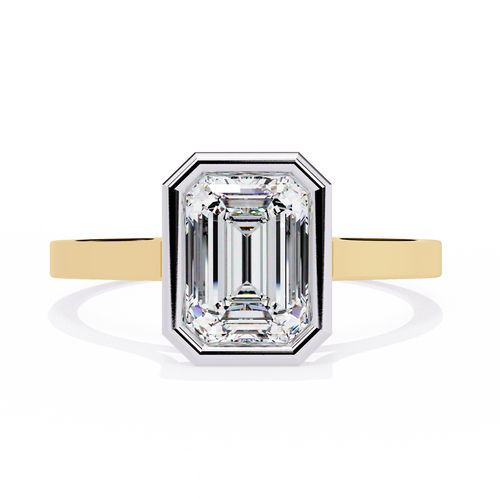 features a brilliant Emerald-cut diamond securely encased within a smooth 18K Gold bezel