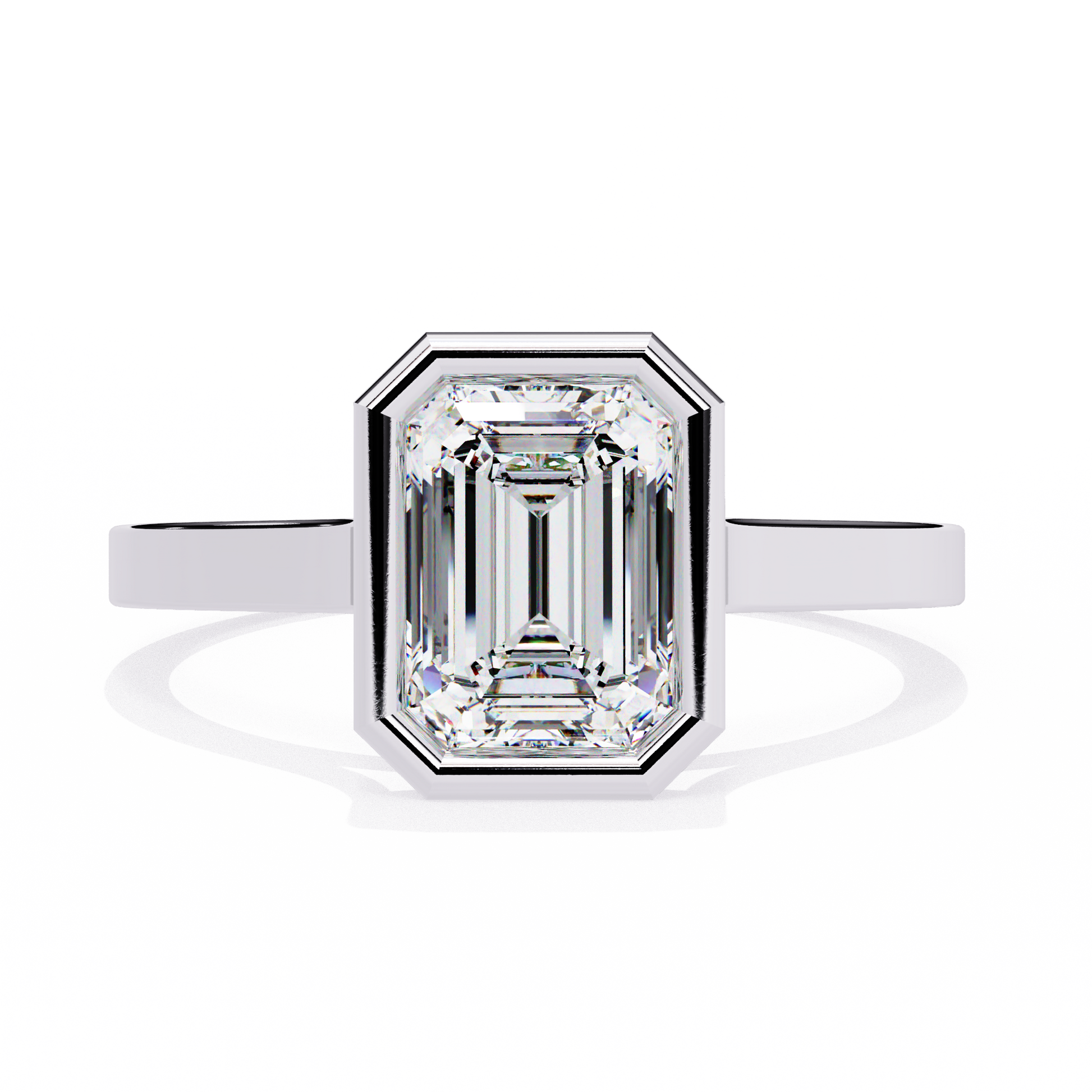 features a brilliant Emerald-cut diamond securely encased within a smooth 18K Gold bezel