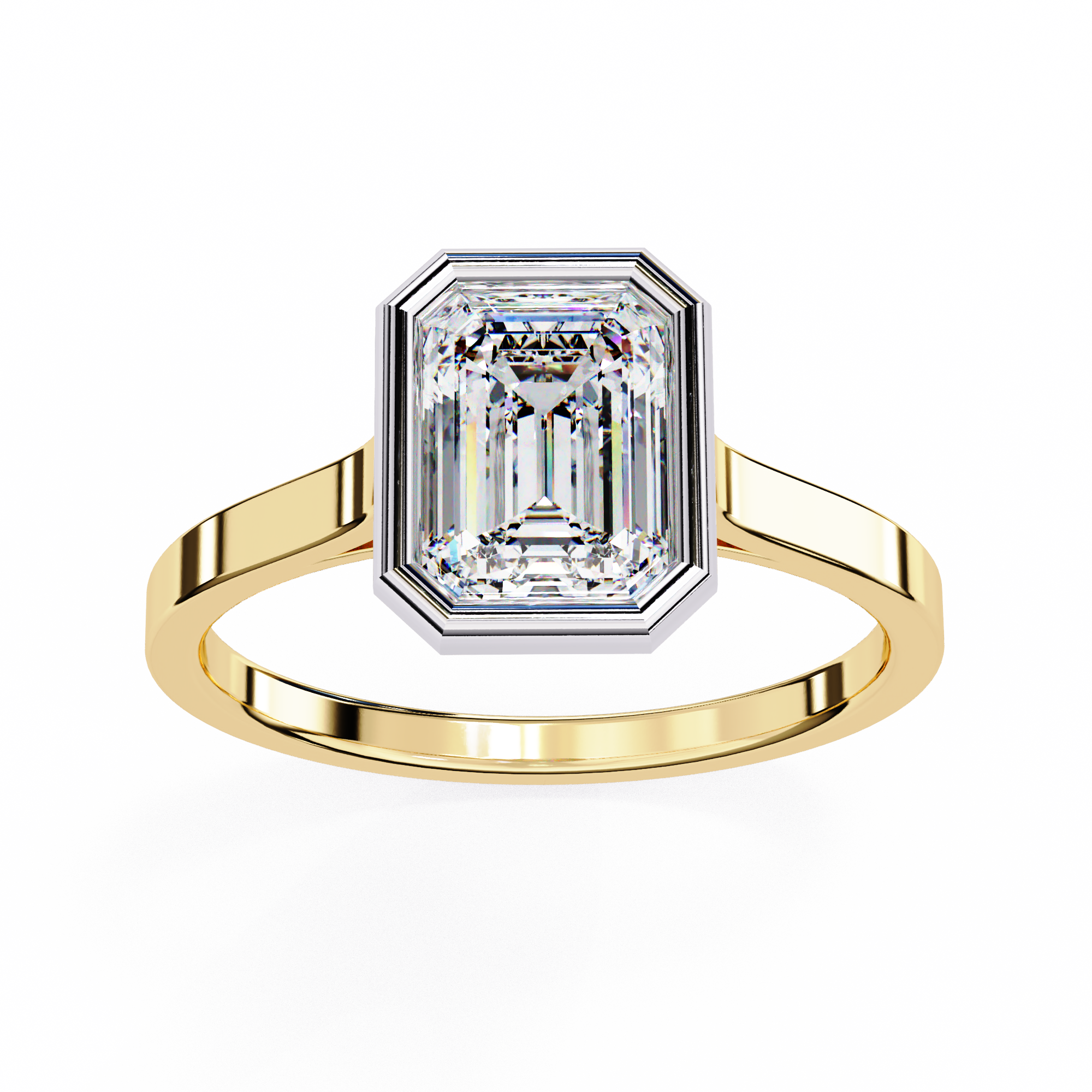 features a brilliant Emerald-cut diamond securely encased within a smooth 18K Gold bezel