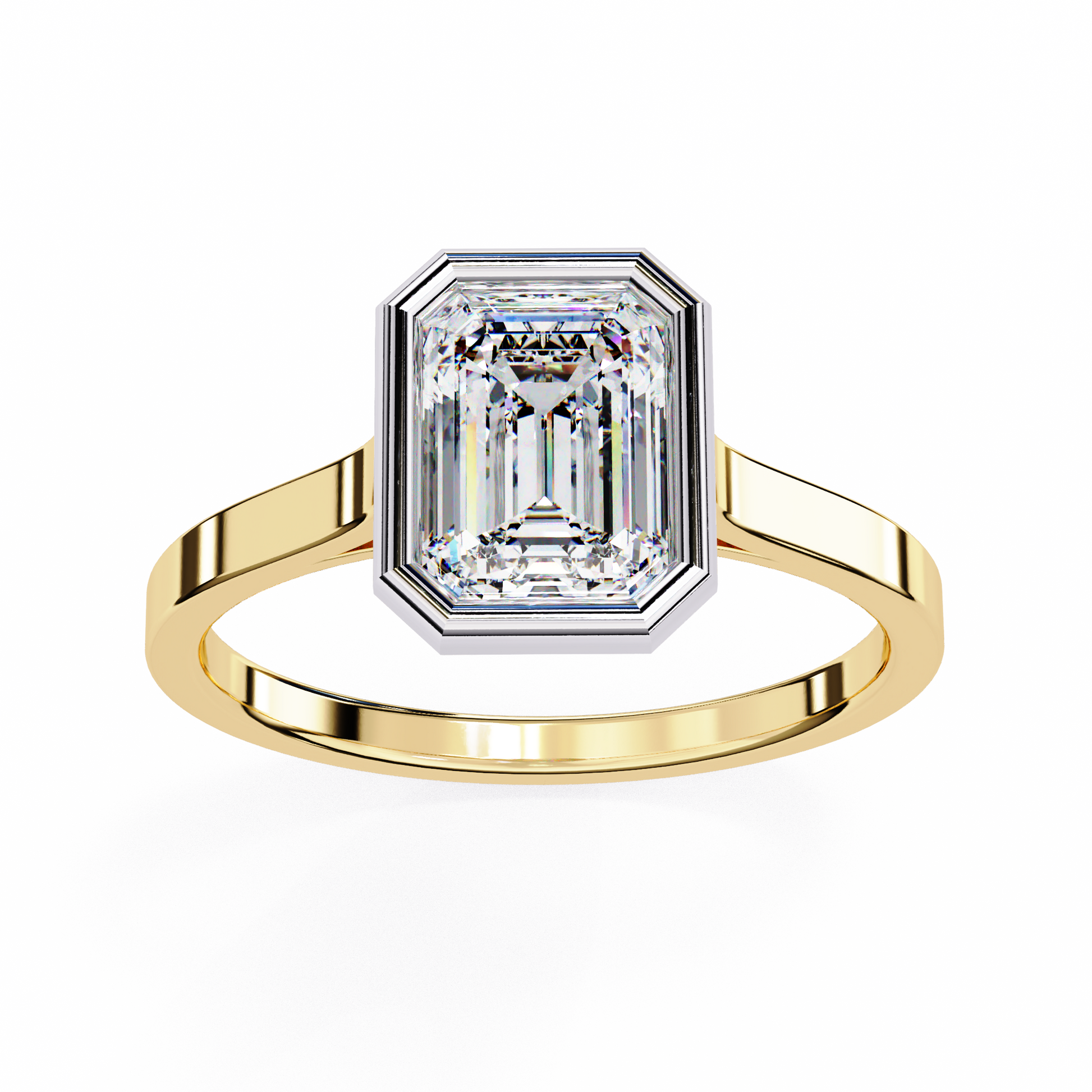 features a brilliant Emerald-cut diamond securely encased within a smooth 18K Gold bezel